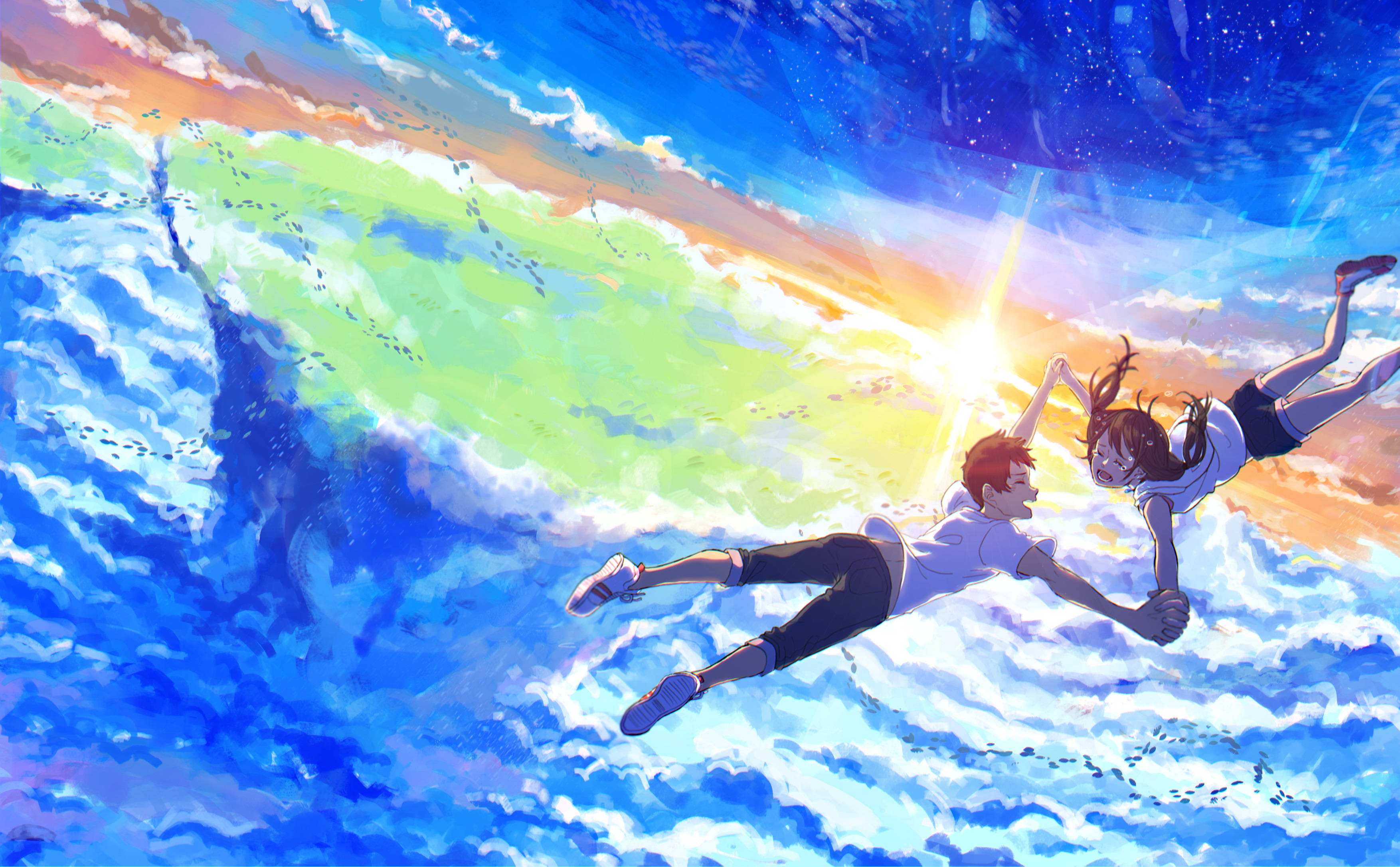 《天气之子》日本 壁紙 — 兩個動漫青少年在充滿活力的天空中翱翔，一道巨大的彩虹波浪在他們腳下破碎。