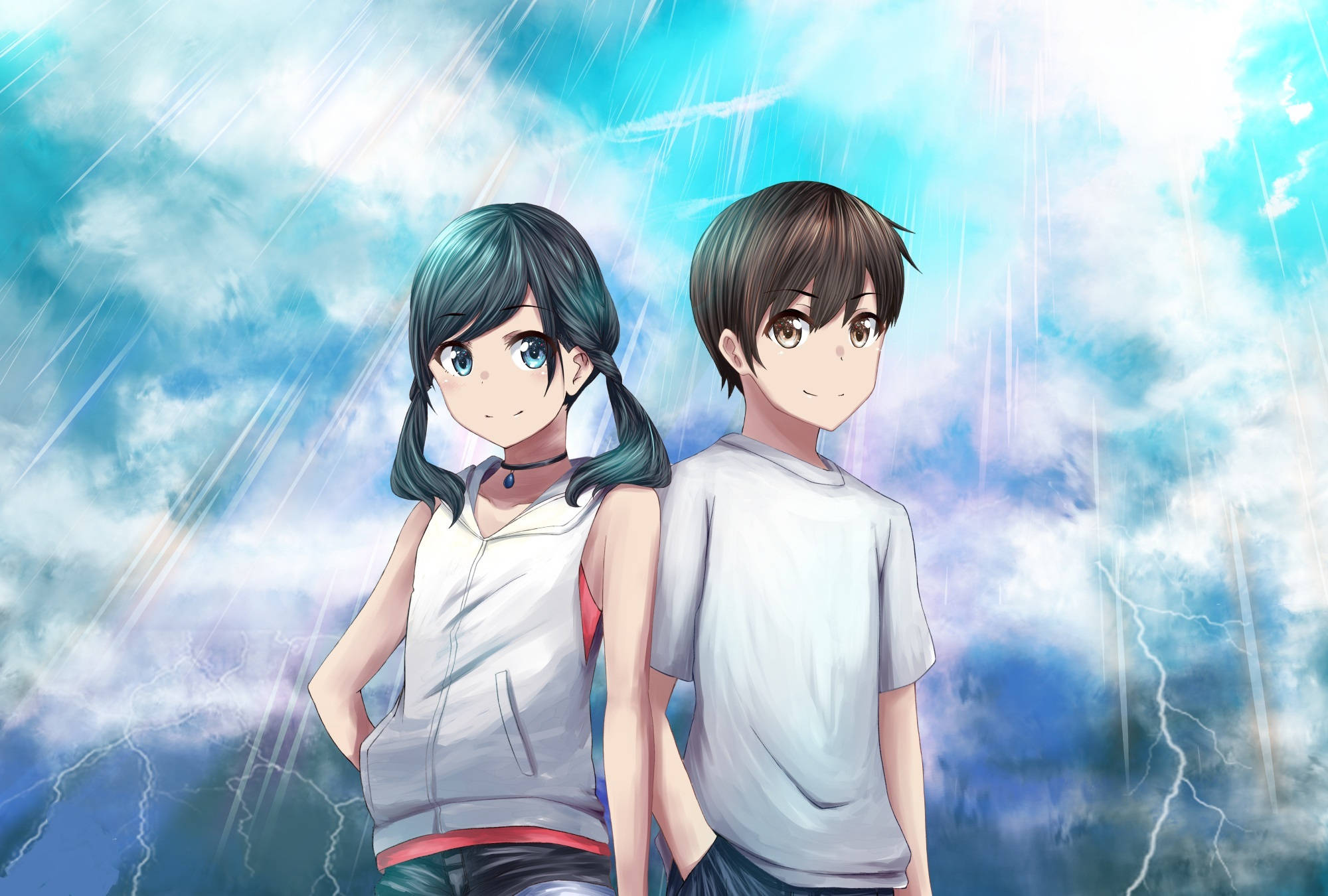 《天气之子》粉絲創作 壁紙 — 兩個動漫青少年並肩站在暴風雨的天空下，閃電和雨水劃過充滿活力的藍色雲層。