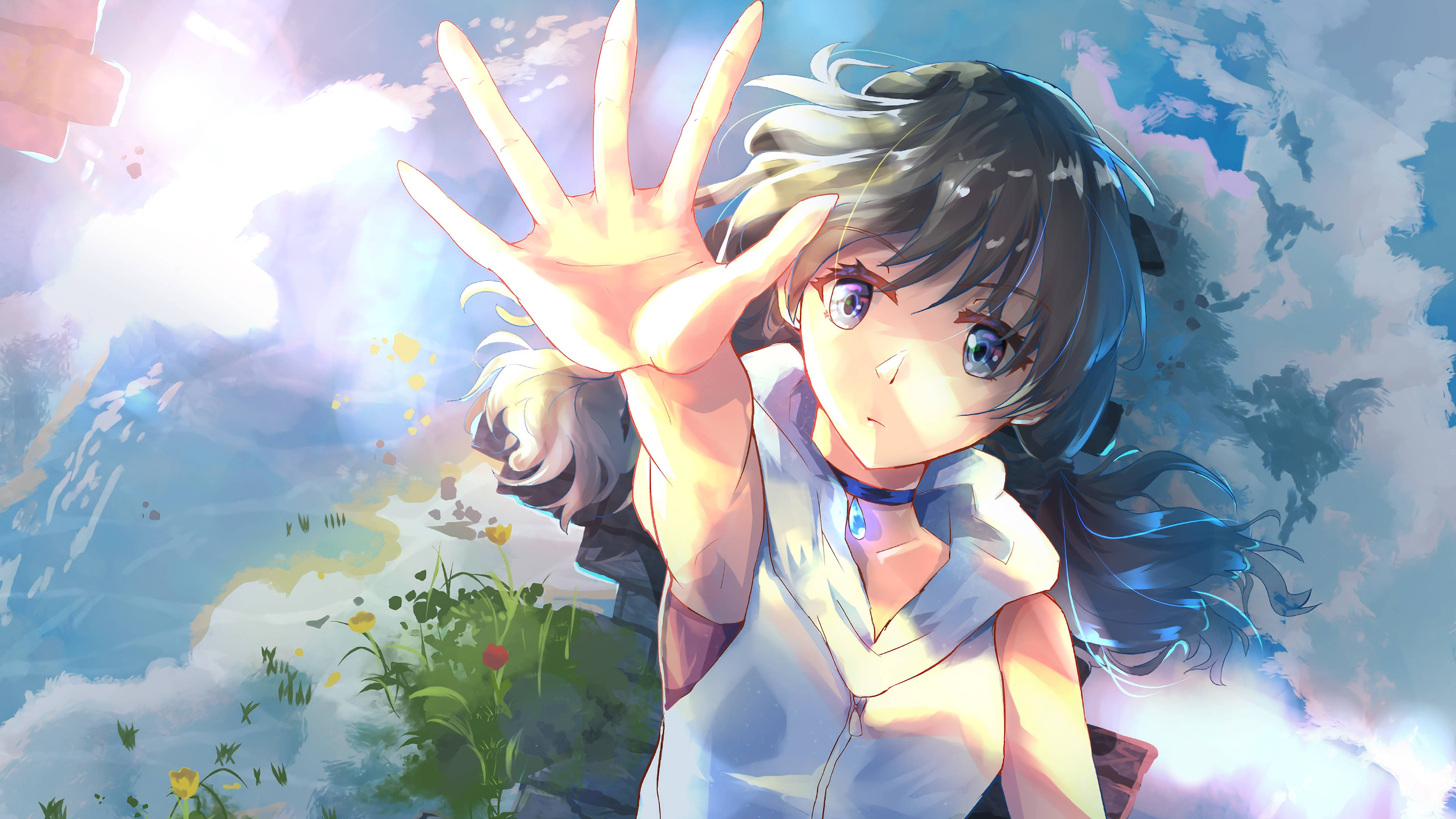 《天氣之子》Hina 粉絲藝術 壁紙 — 一位年輕的動漫女孩，藍眼睛黑頭髮，在明亮的天空下向前伸出手，天空有雲，下方有野花。