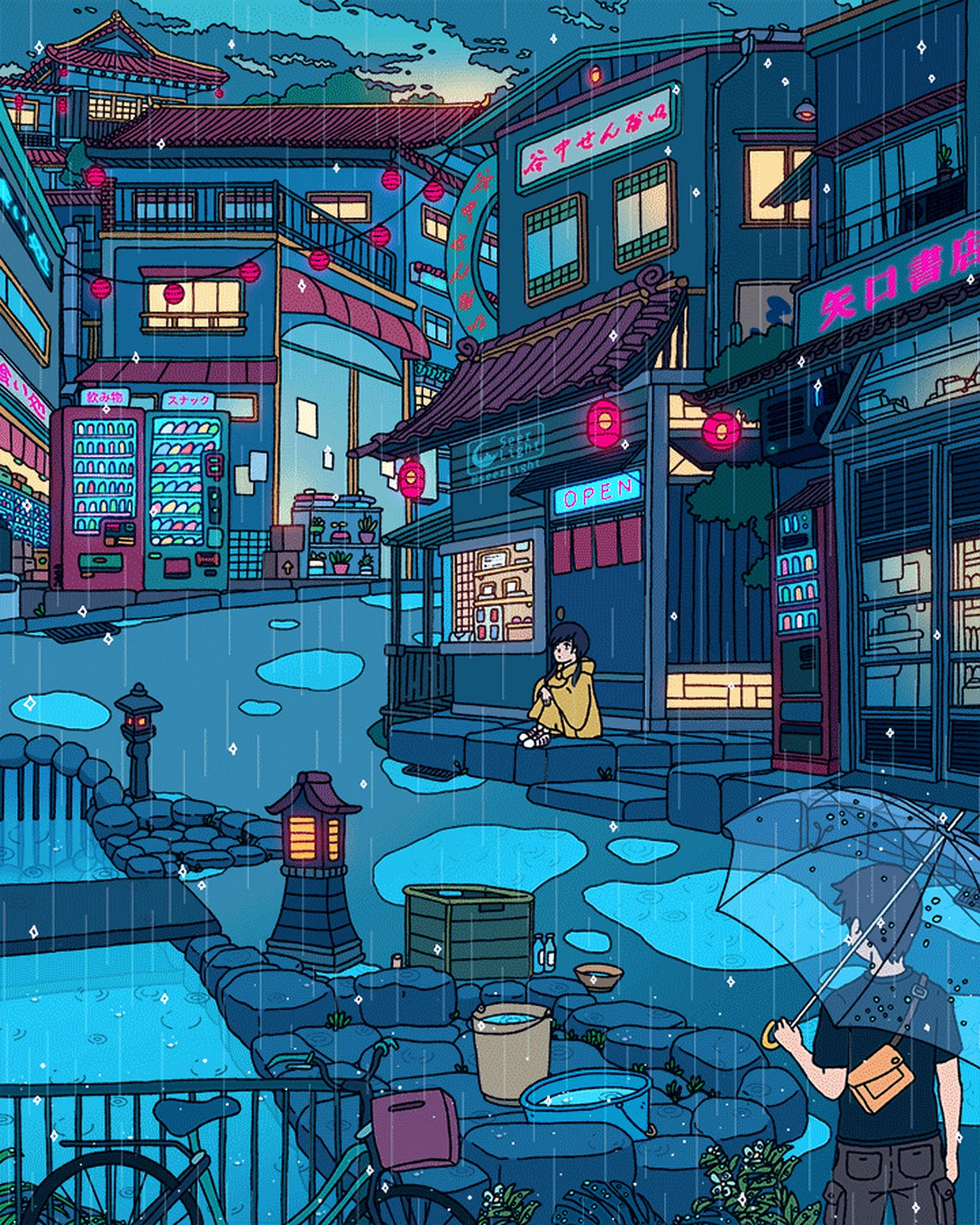 撐傘的人走過被霓虹燈和燈籠照亮的雨夜日本街道。