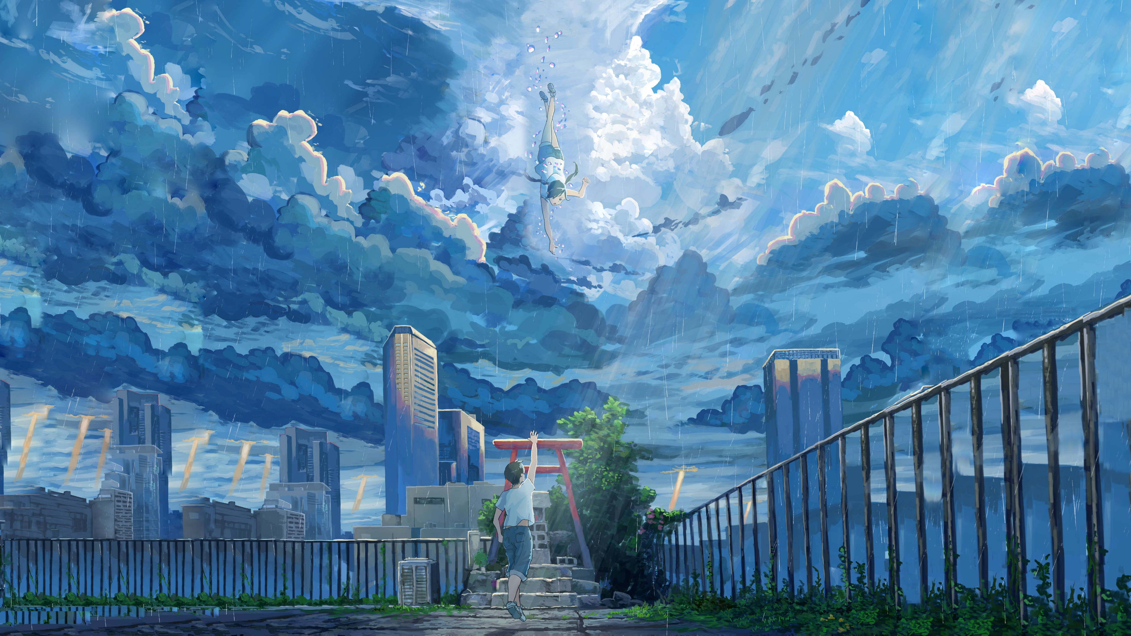 《天氣之子》動畫海報 壁紙 — 一個女孩站在鳥居前，一個人影在暴雨的城市上空穿過風暴般的藍天俯衝而下。