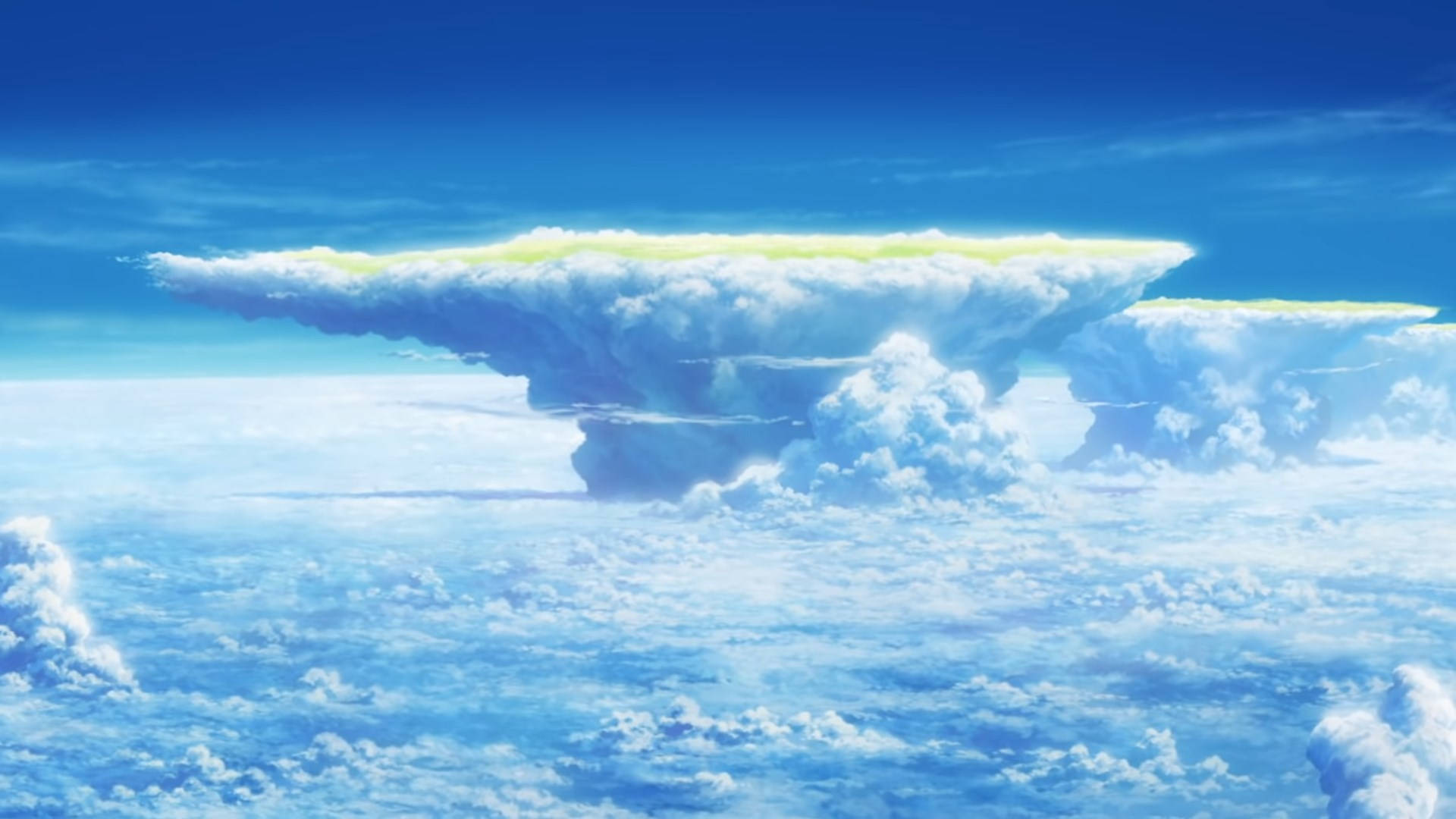 《天氣之子》雲層 壁紙 — 一個巨大的浮雲島在深藍色的天空中散發著金色的光芒，漂浮在無盡的蓬鬆雲層之上。