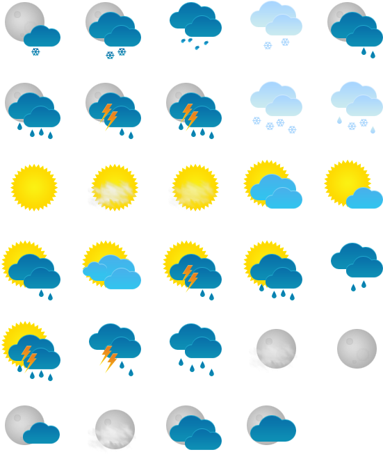 天氣圖示集合 壁紙 — 黑色背景上顯示太陽、雲、雨、雪和閃電的天氣圖標網格。