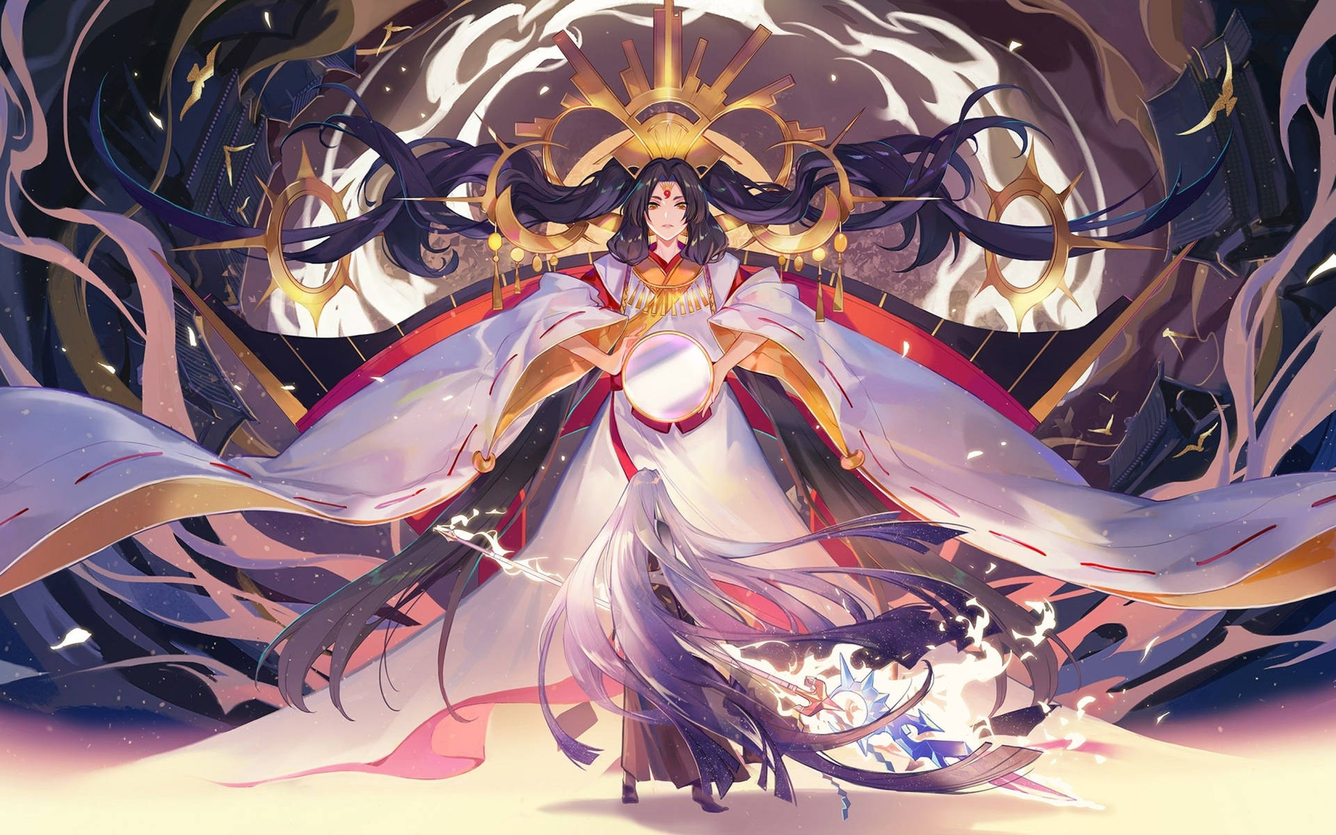 身著飄逸長袍的動漫女神，手持被宇宙能量和金色環包圍的發光球體。