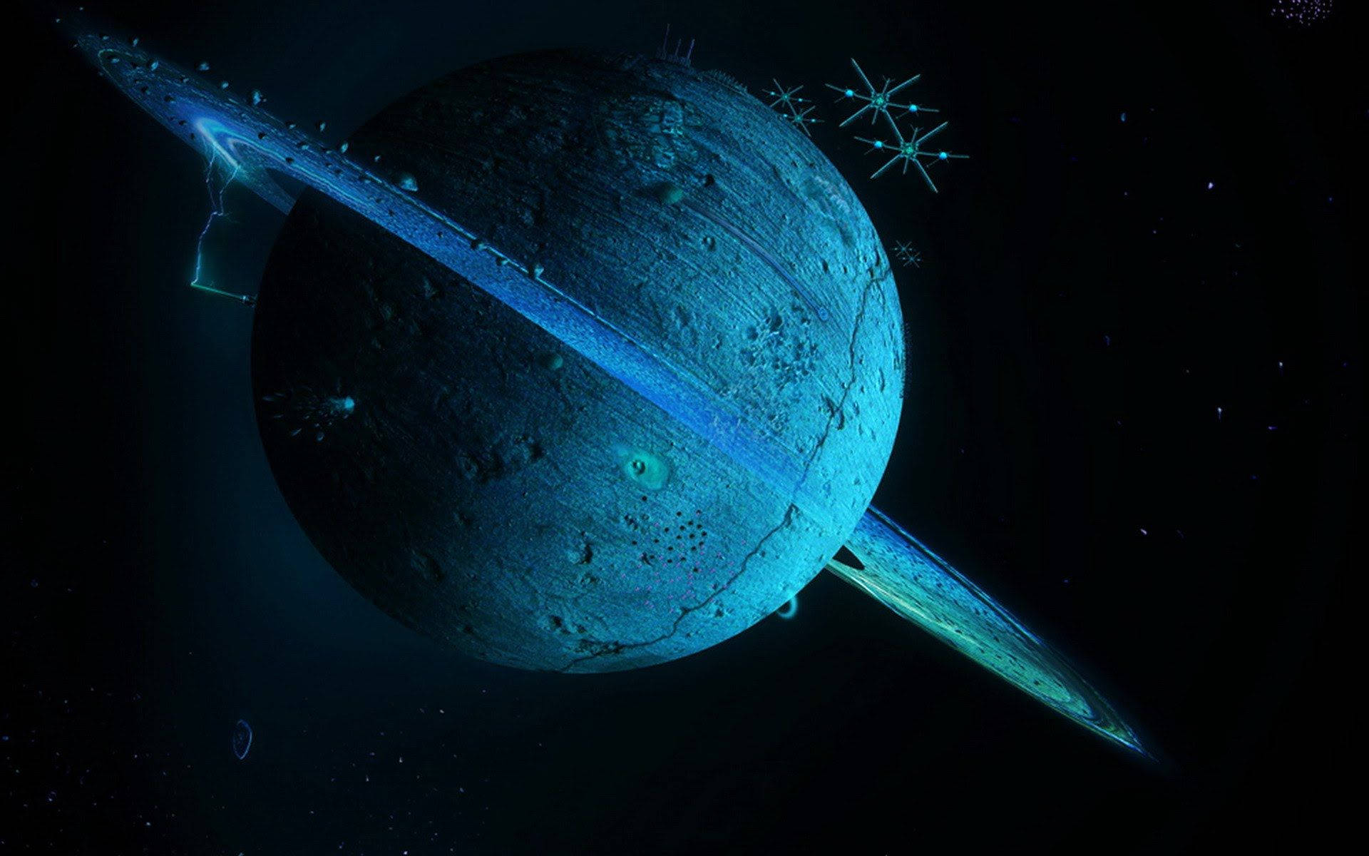 天王星近照 壁紙 — 一顆帶有光環和星座的發光藍色行星漂浮在黑色虛空的深空中。