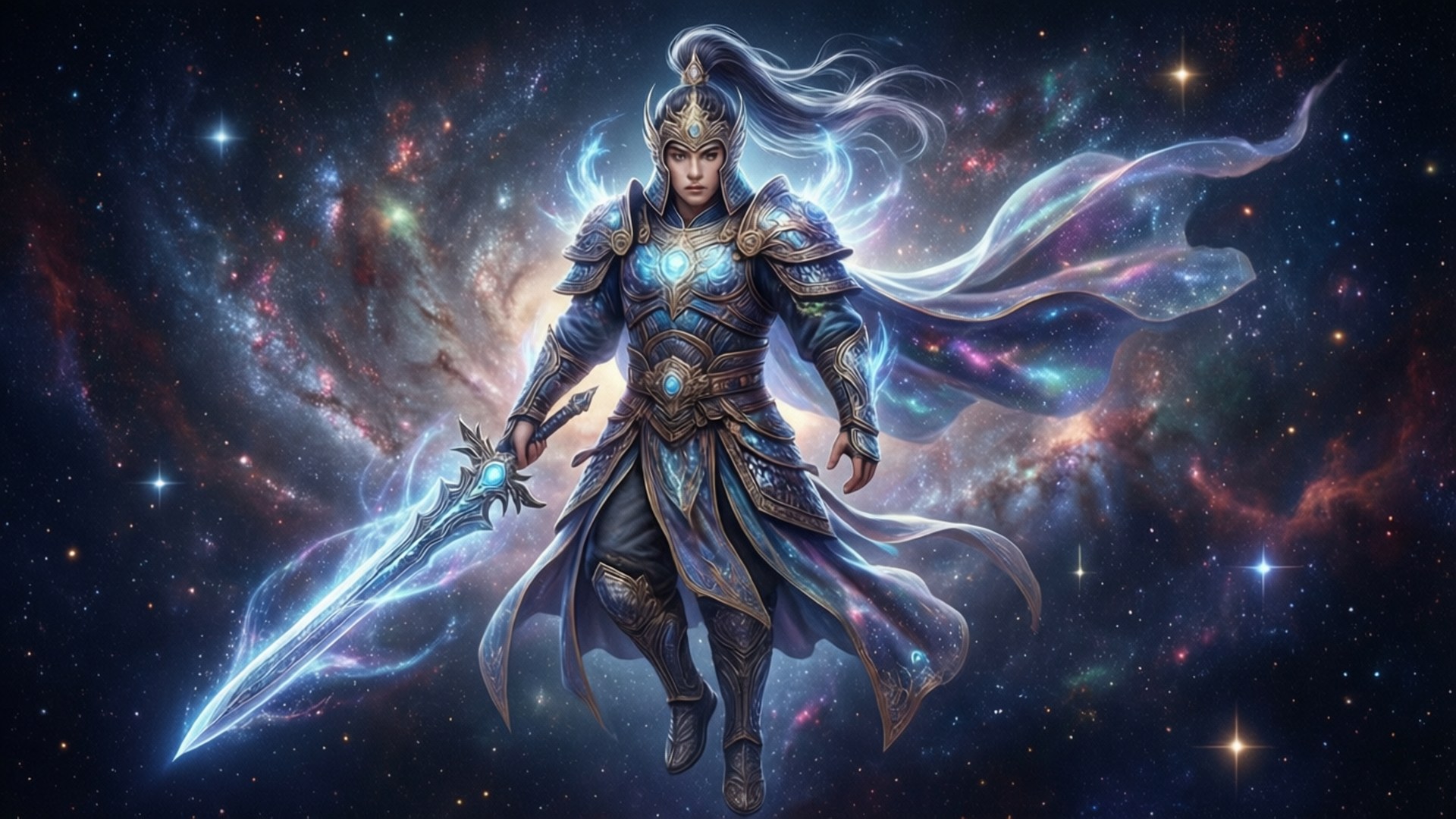 天界先鋒 壁紙 — 一位威嚴的裝甲戰士手持發光劍，漂浮在旋轉的宇宙星雲和星辰之間。