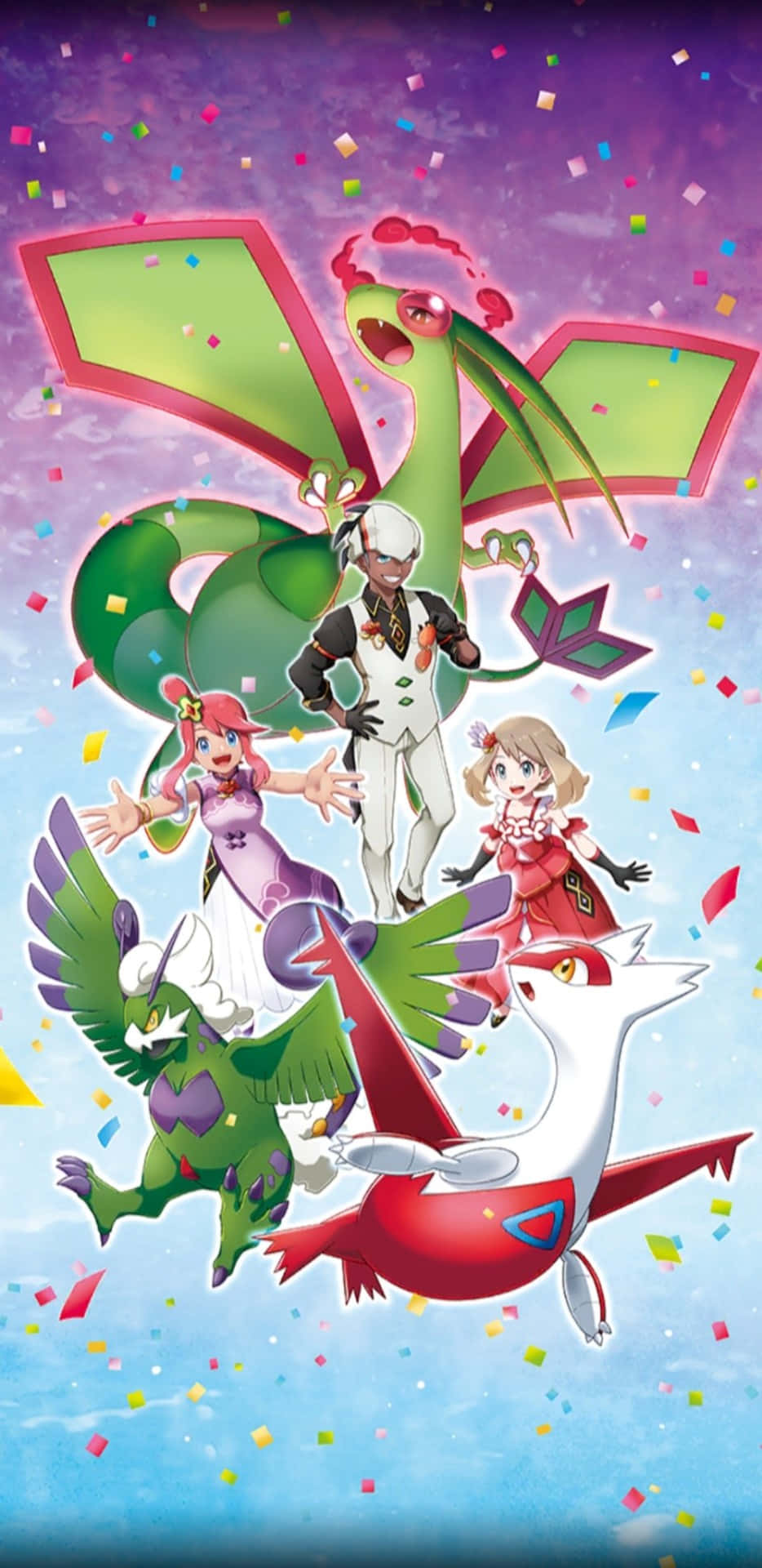 Pokemon Masters 桌布 壁紙 — 天界動畫角色與寶可夢在充滿活力的紫色和藍色天空下，於飄落的五彩紙屑中翱翔。