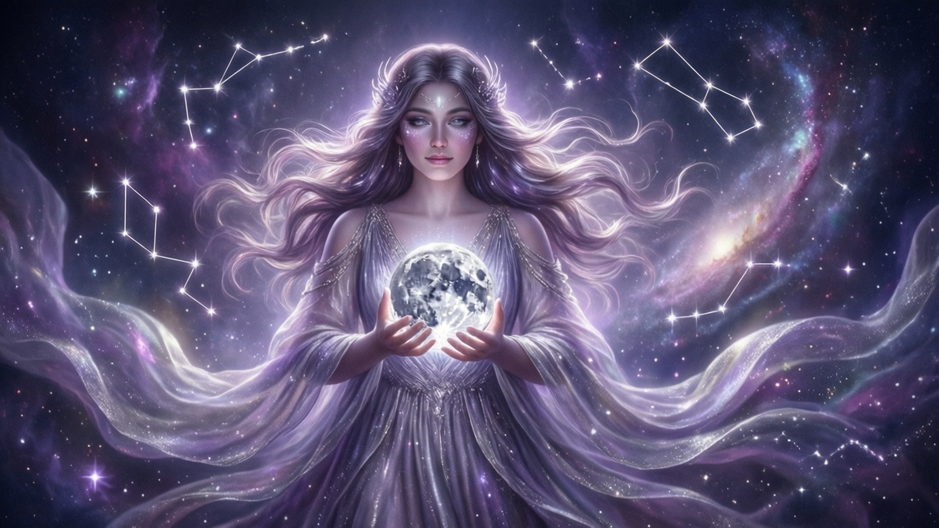 一位神秘女性在星光燦爛的宇宙場景中懷抱著一輪發光的月亮。