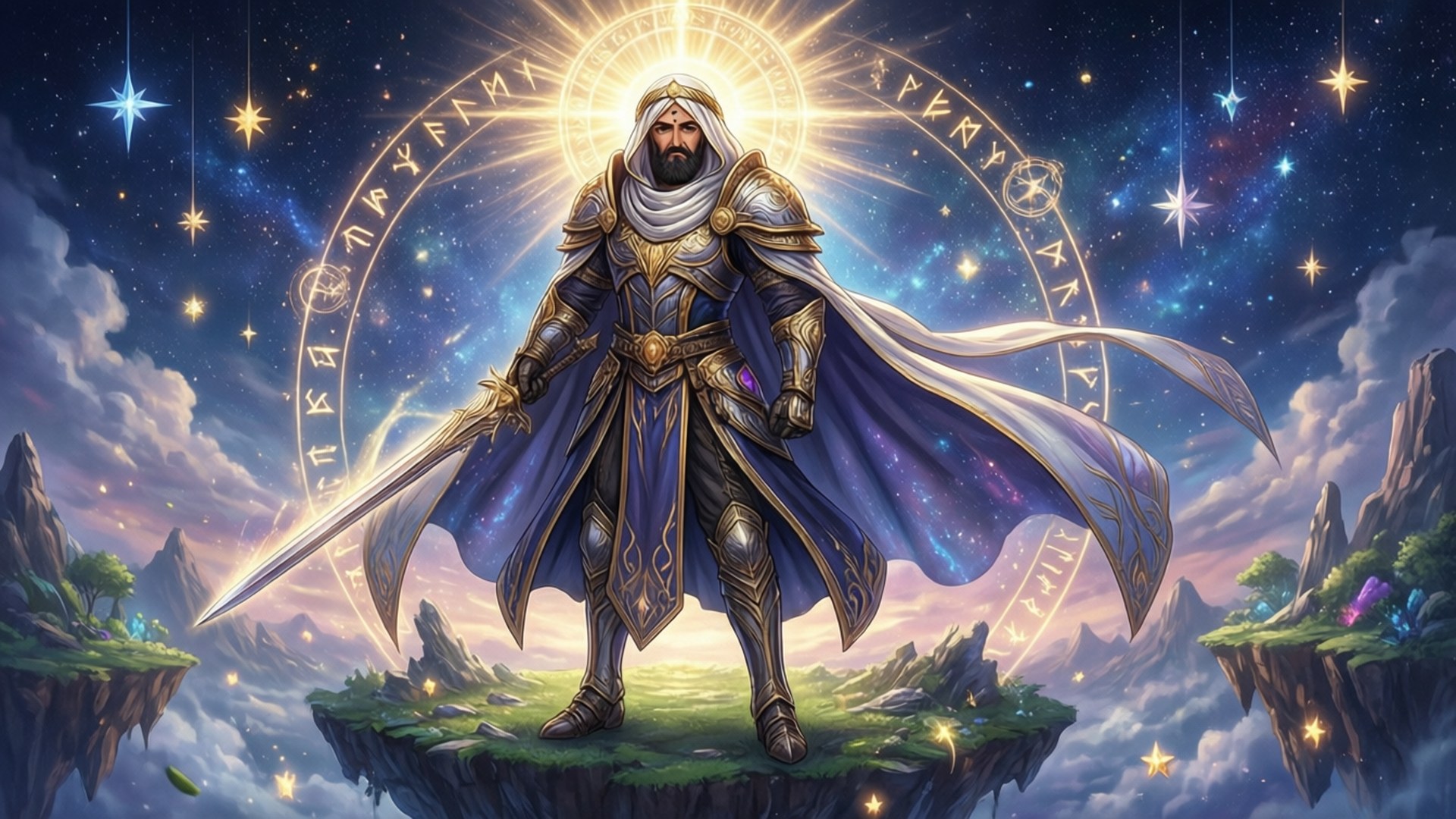 一位穿著盔甲的奇幻戰士站在浮島上，在星空下握著劍，周圍有發光的符文。