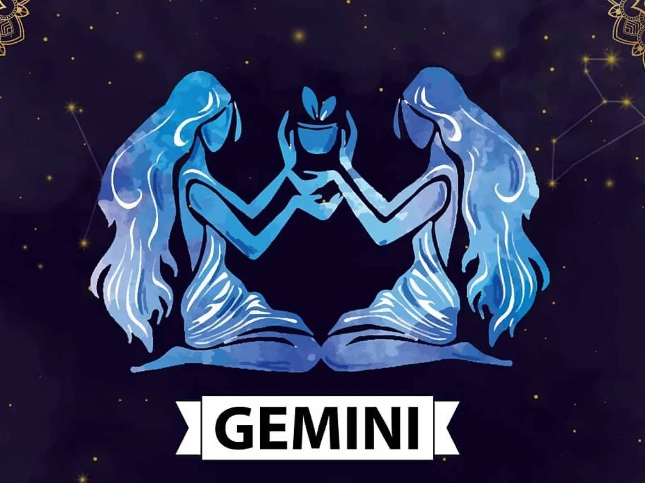 天界雙子——雙子座星座 壁紙 — 兩個藍色水彩人物在星空夜空和星座線背景下，手持一棵發芽的植物。