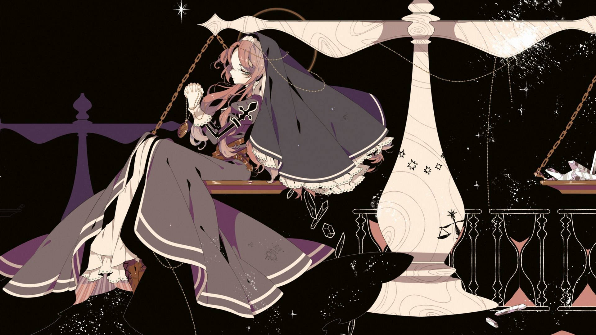 穿著黑色斗篷的動漫女孩在天秤上，有星星和沙漏