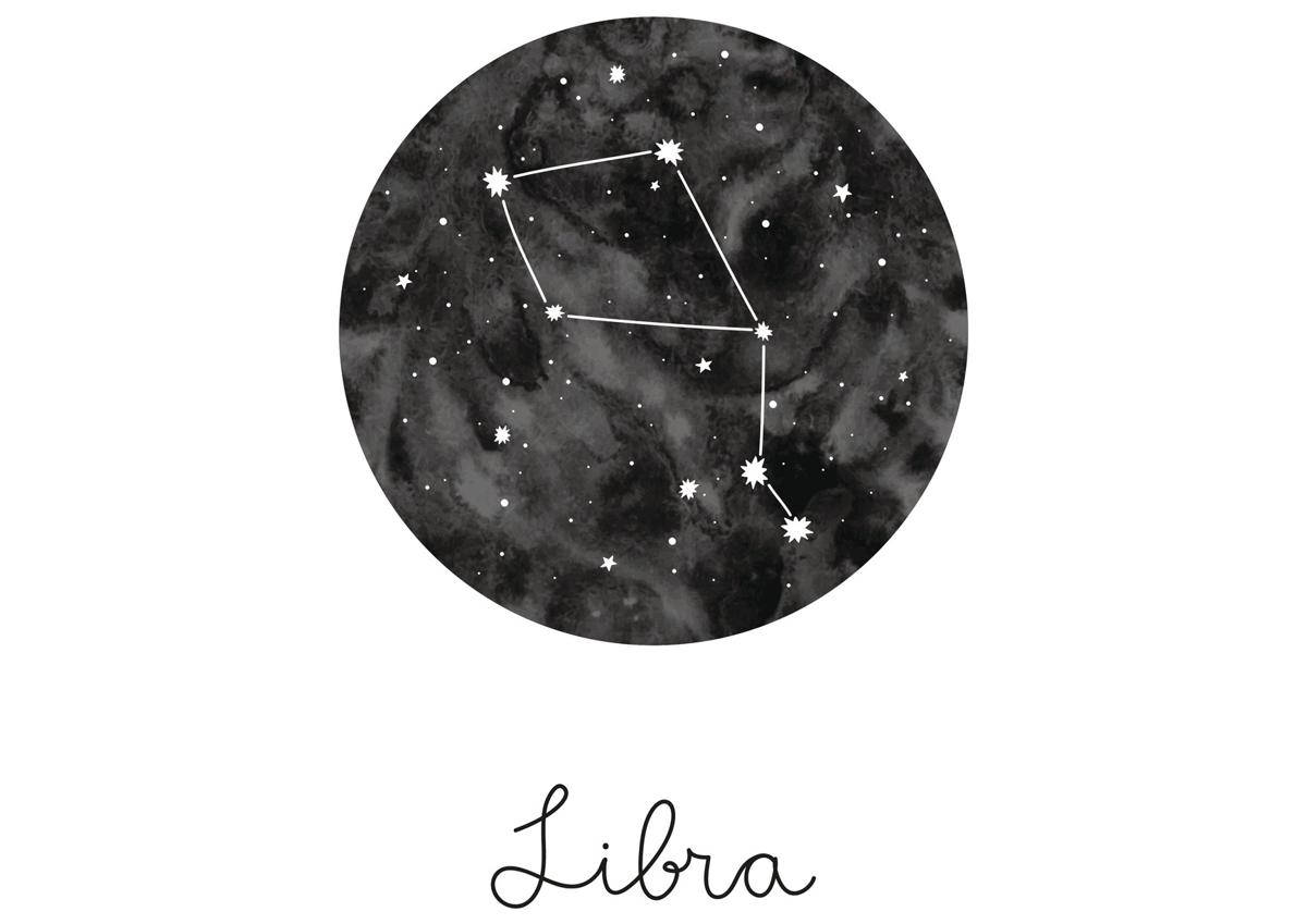 水彩風格圓形夜空中的天秤座星座。