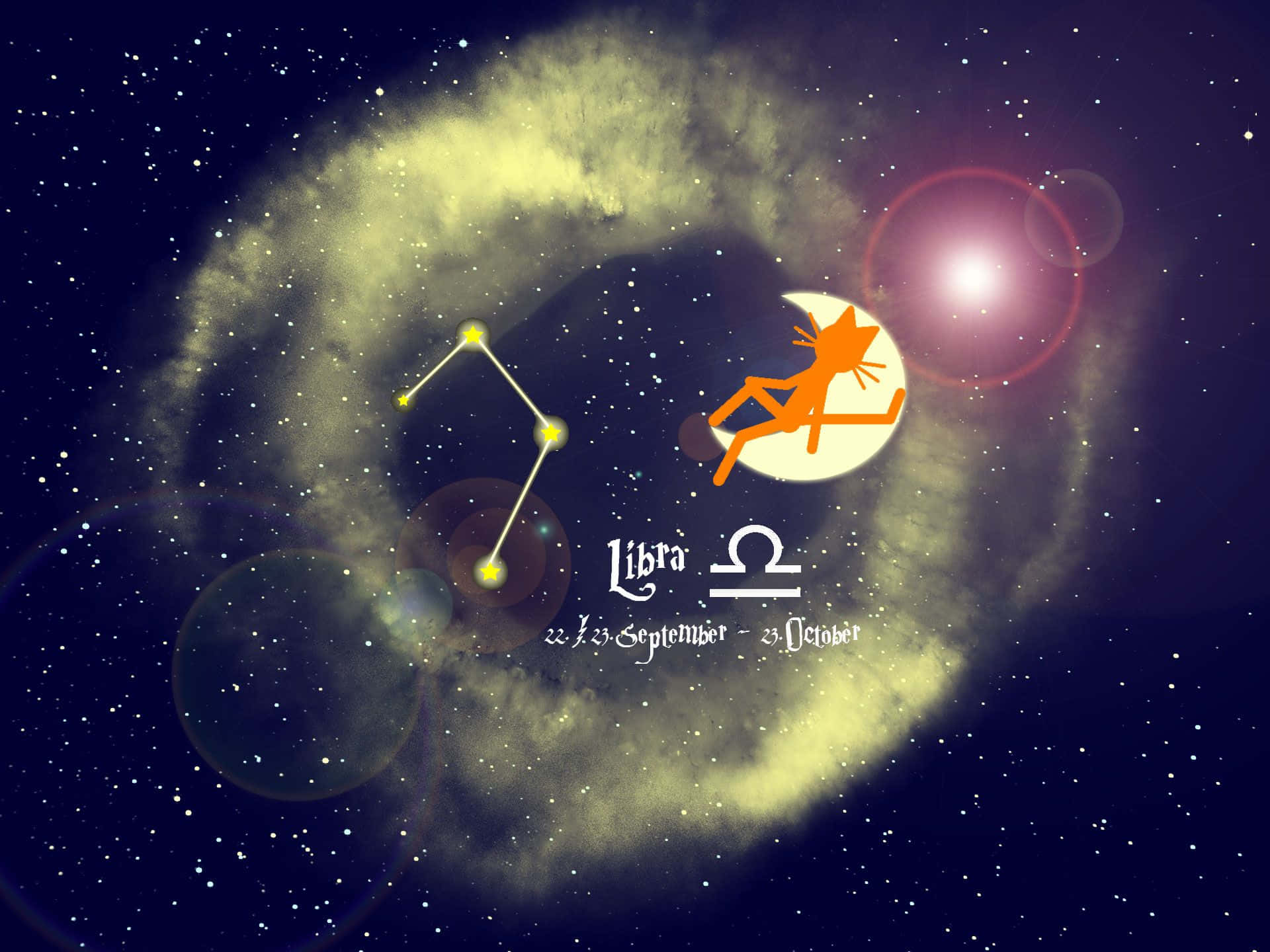 libra 桌布 壁紙 — 天秤座嘅宇宙插圖，有一個風格化嘅貓喺新月上，周圍有星星同星雲。