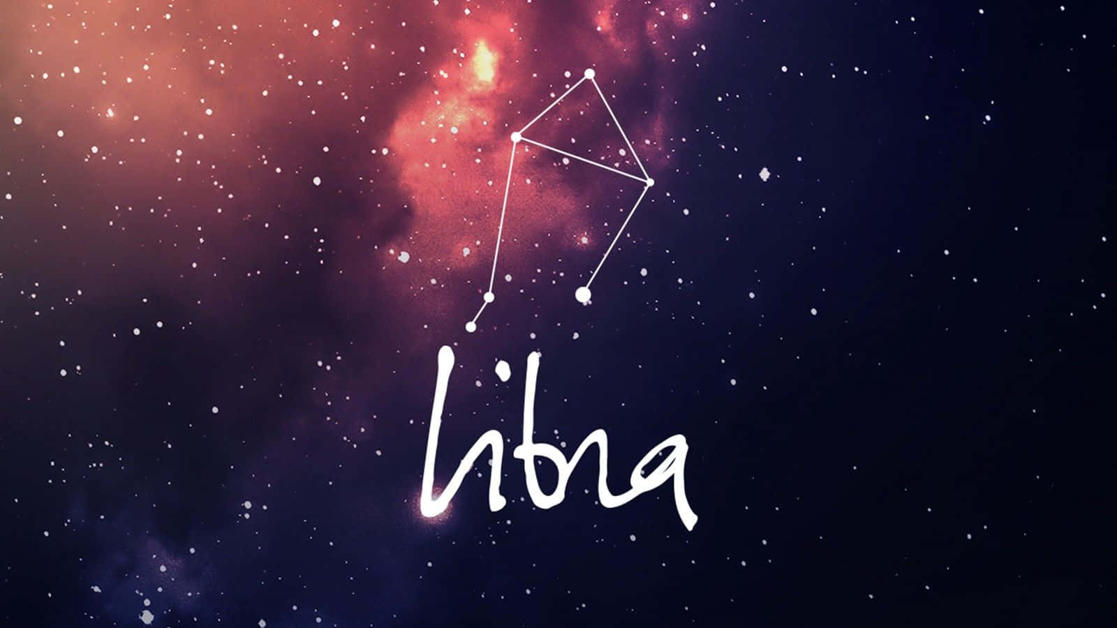 libra 桌布 壁紙 — 天秤座在粉紅色和紫色星雲以及閃爍星星的宇宙背景下發光。