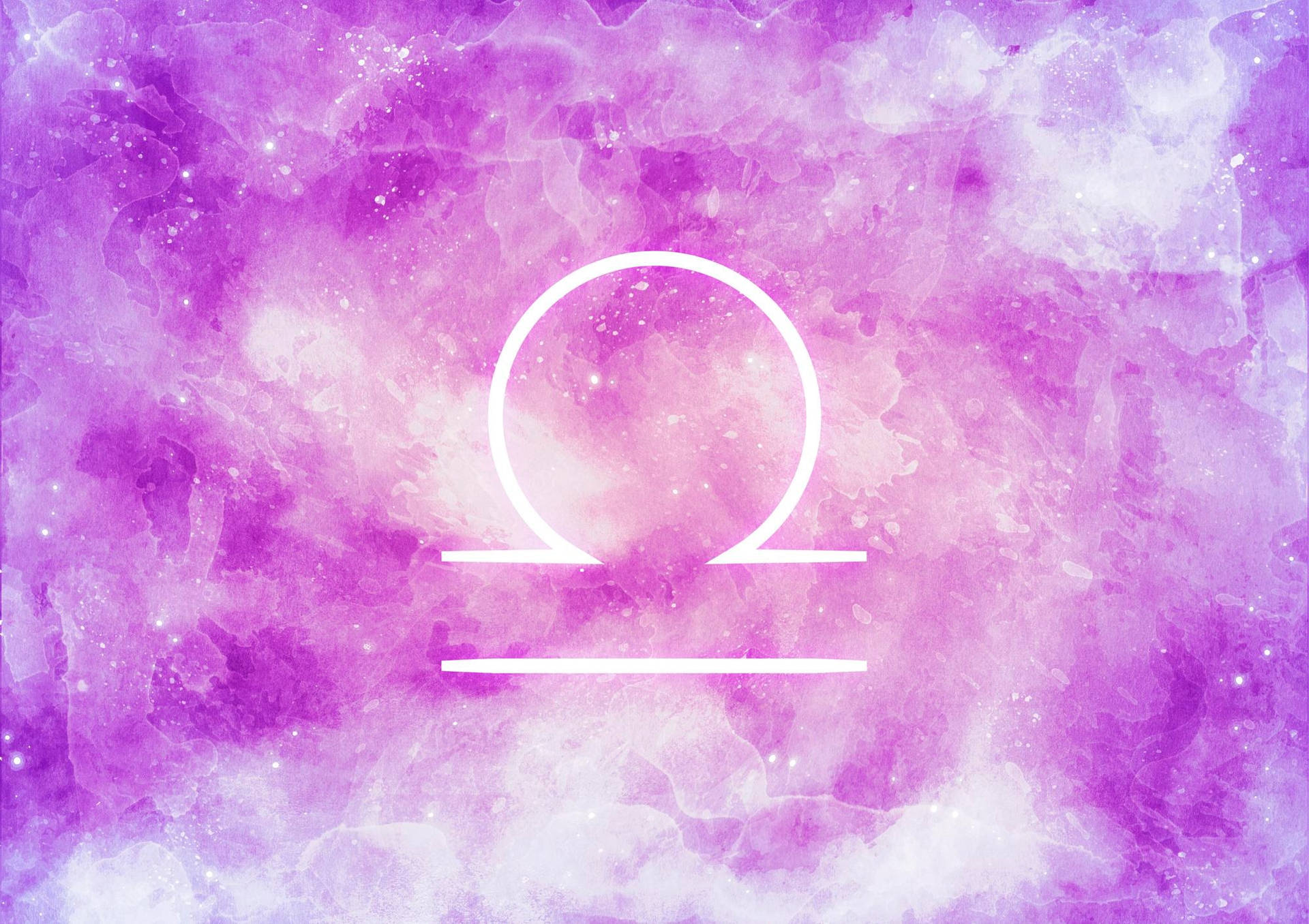 白色天秤座符號在紫色水彩星空背景上。
