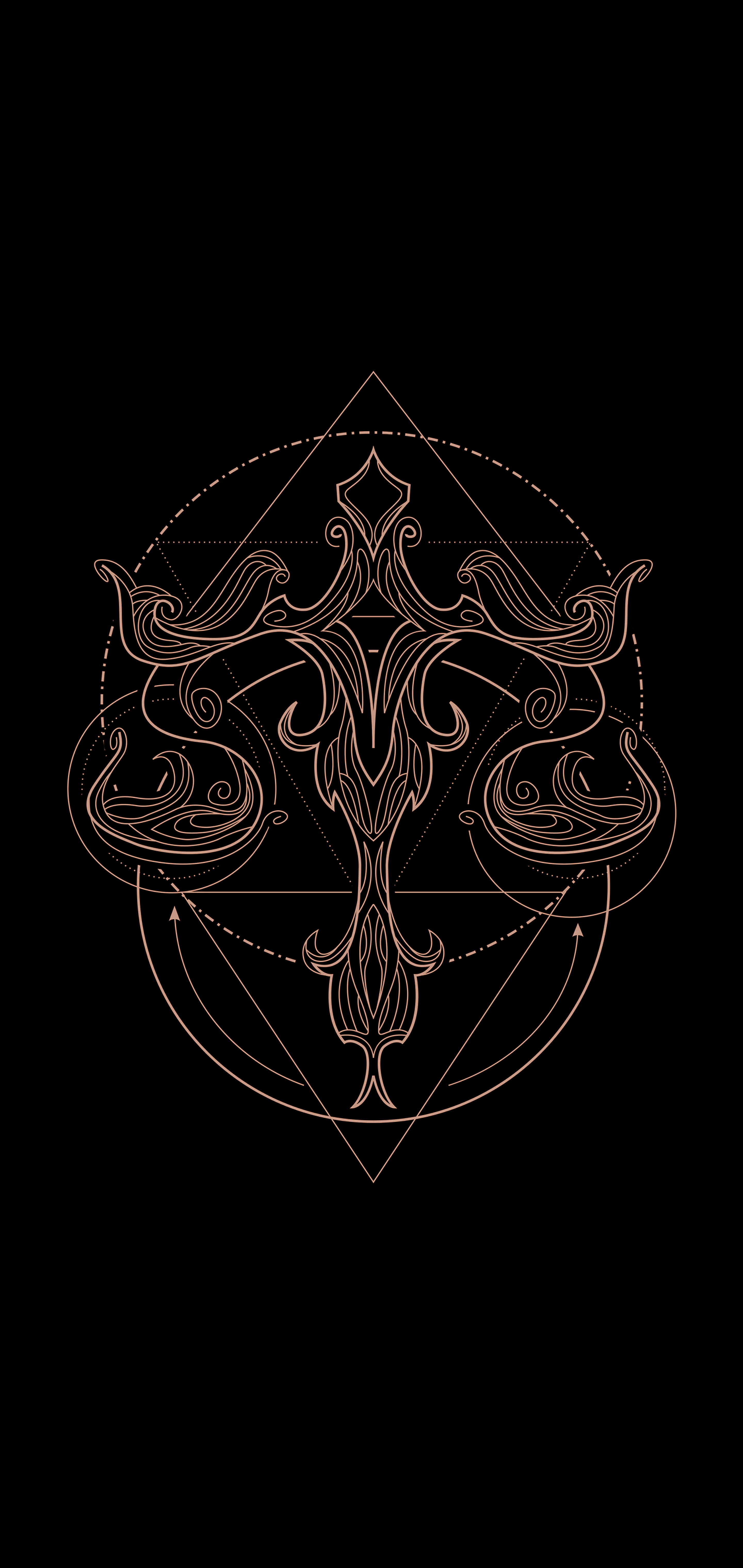 天秤座線條藝術 壁紙 — 一個複雜的金色幾何符號，帶有旋轉圖案和相交的三角形，背景為黑色。