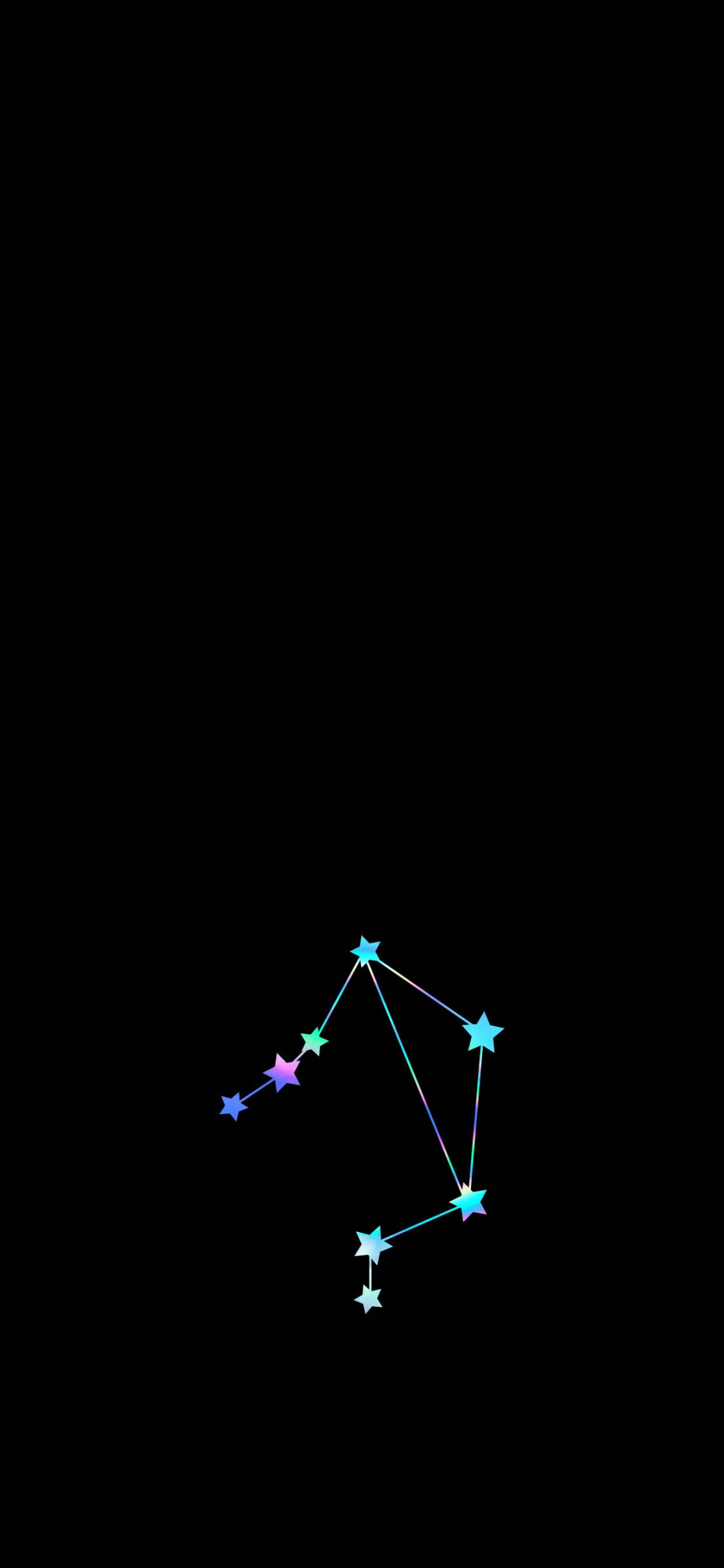 天秤座負空間藝術 壁紙 — 一個充滿活力的星座，由多色星星組成，並以發光線條連接，背景為深黑色。