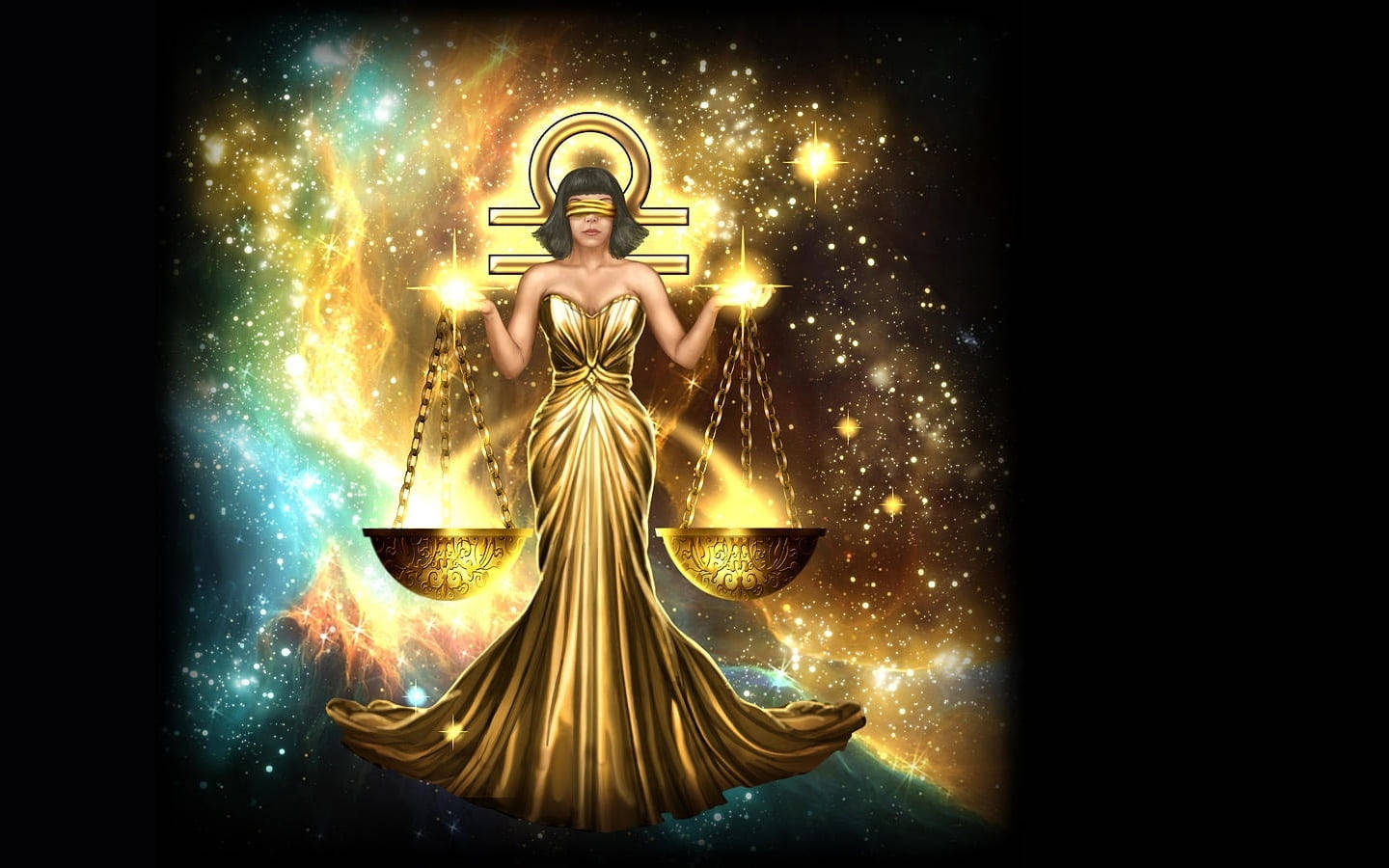 天秤座金光女神 壁紙 — 蒙眼的正義女神身穿金色長袍，在充滿活力的宇宙星雲背景下手持發光的天秤。