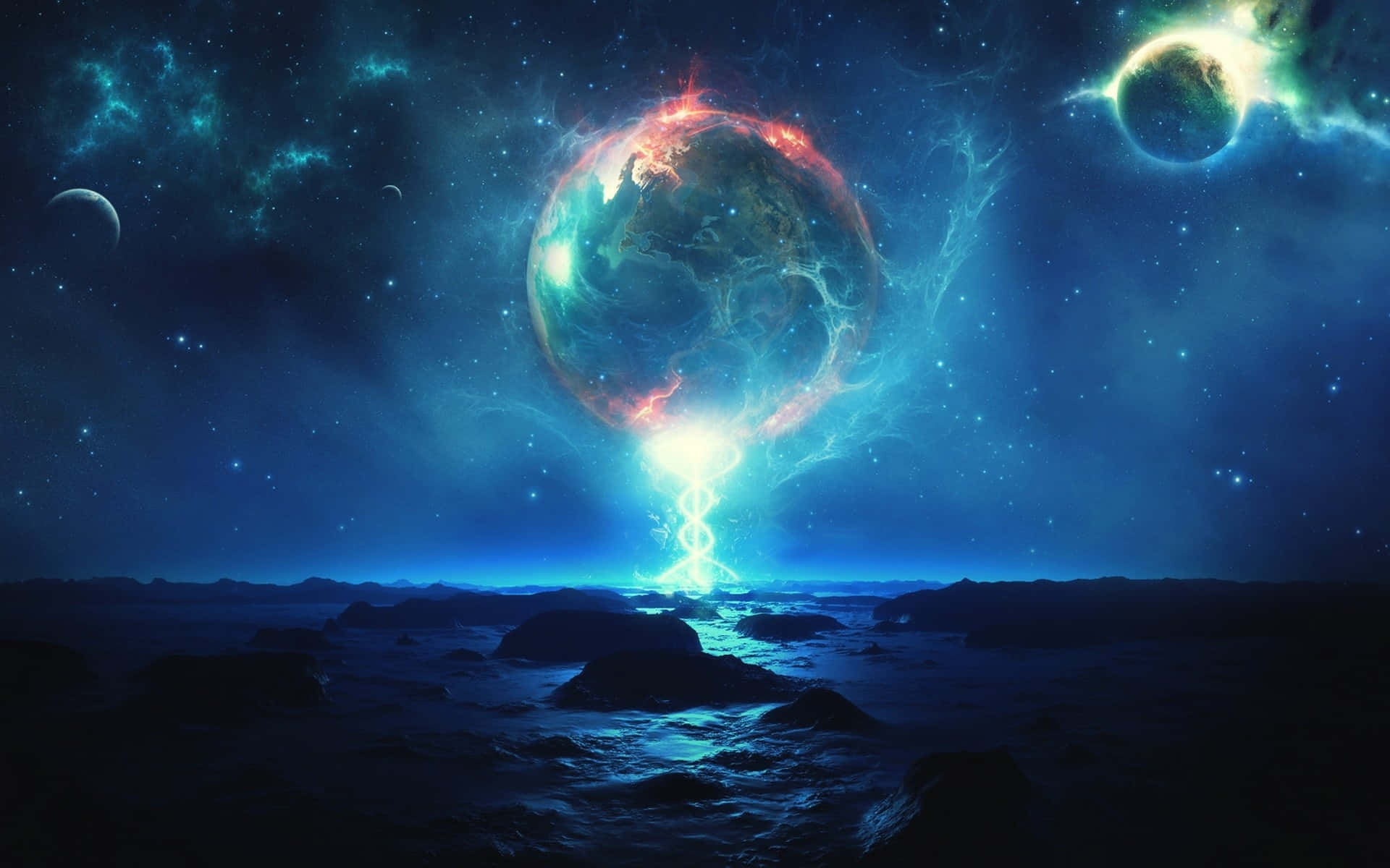 一顆發光的行星在佈滿星雲的星空下，向岩石外星景觀發出閃電。