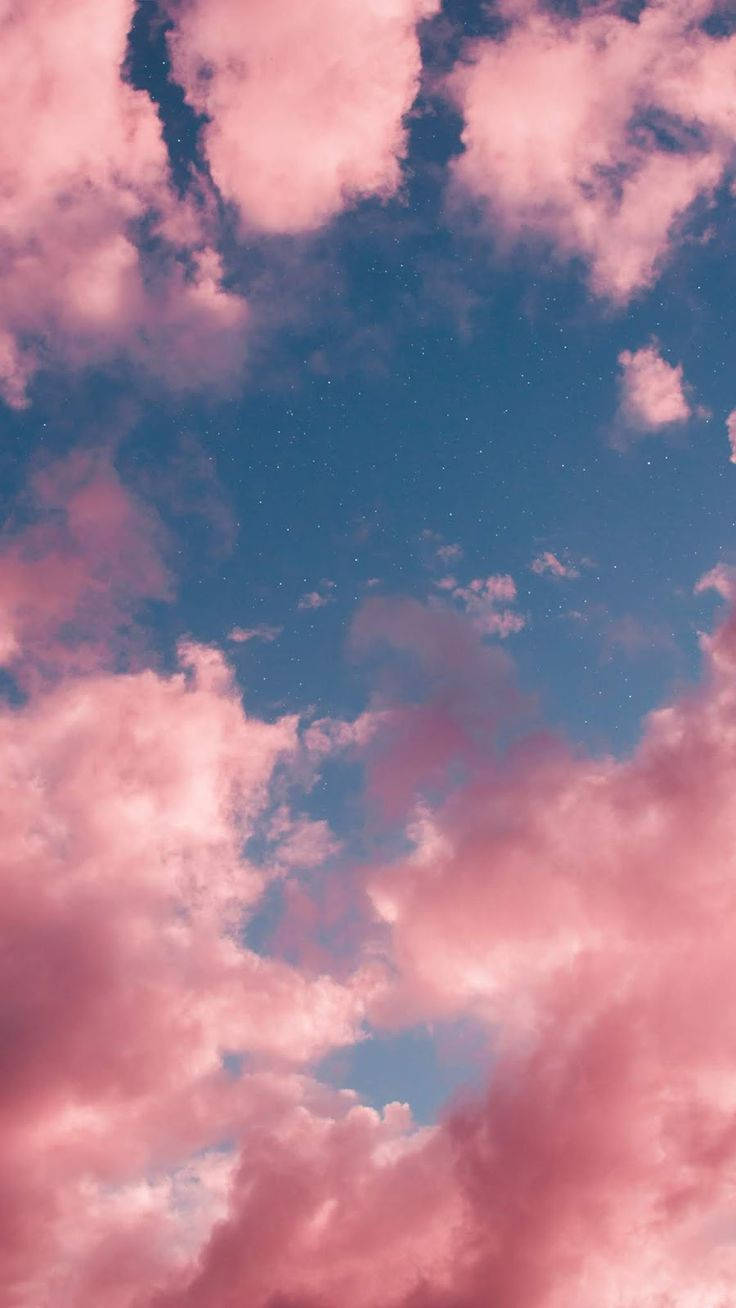 粉紅色的雲朵在黃昏時分飄浮在繁星點點的藍色天空中。