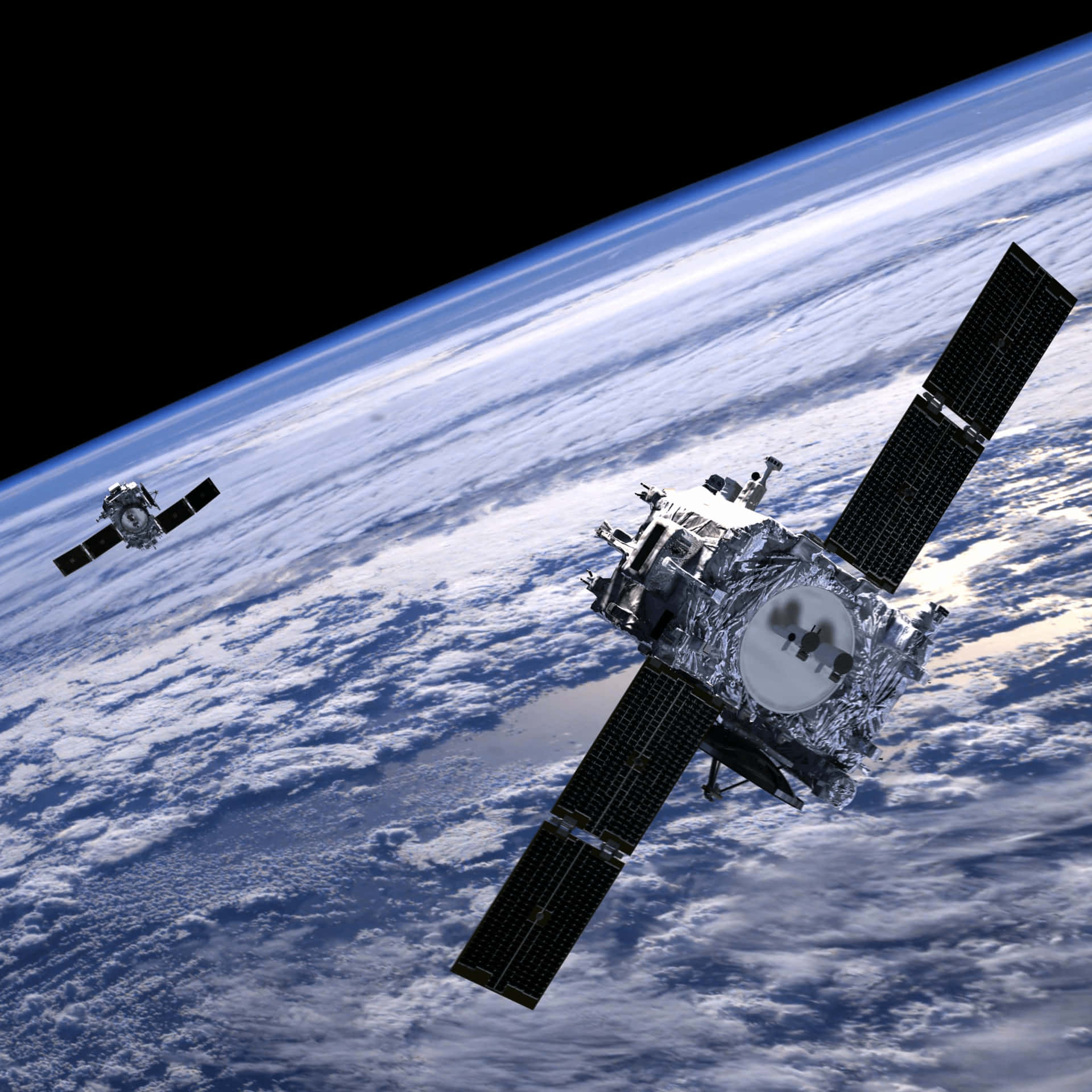 兩顆衛星在太空中繞地球運行，下方可見雲層覆蓋。