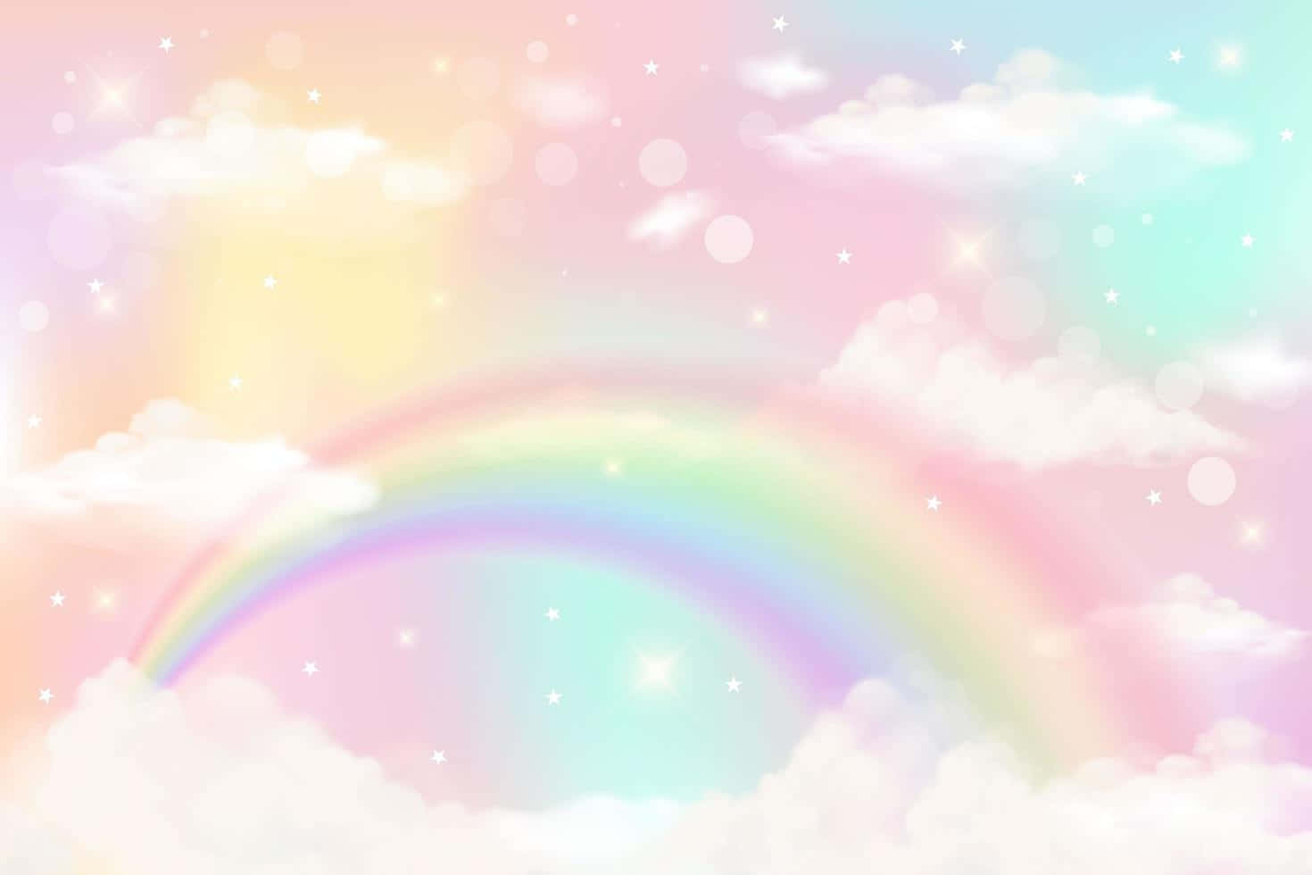 天空中的彩虹伴隨雲朵與星星 壁紙