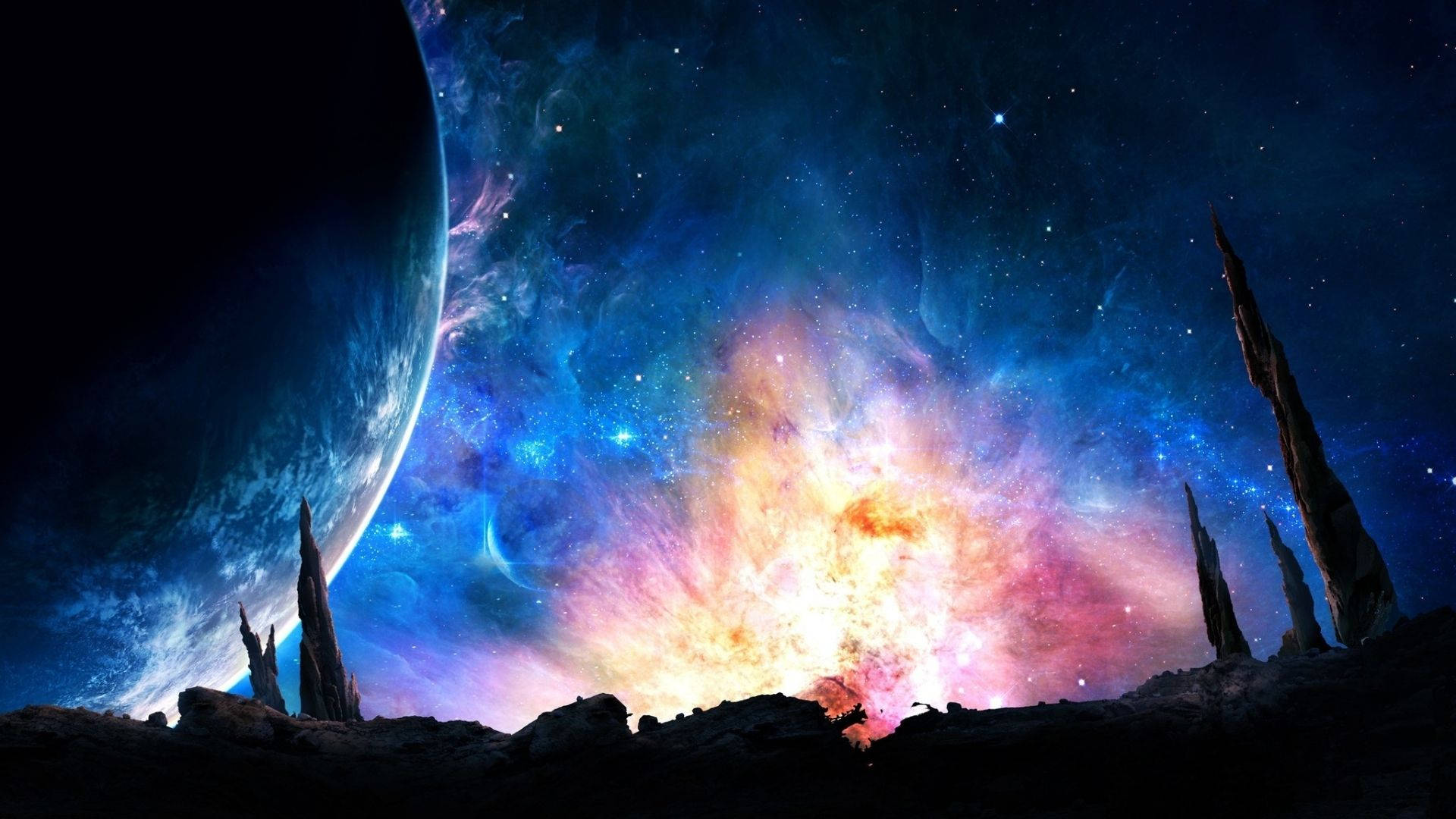 外星岩石結構在色彩繽紛的星雲和一顆大行星前形成剪影。