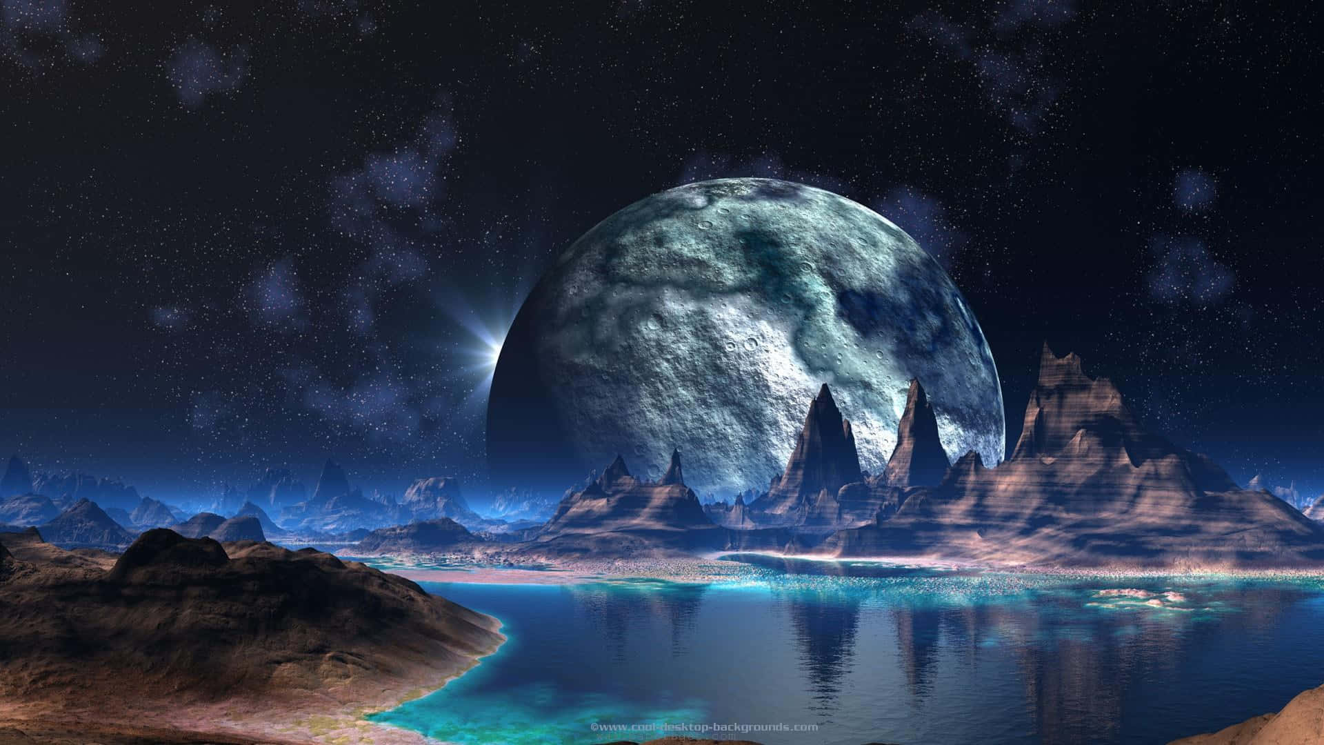 天空中的行星與湖泊山脈 壁紙