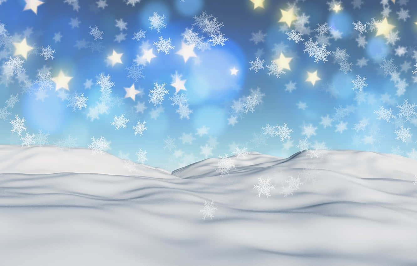 天空中飄雪與閃爍星星 壁紙 — 在繁星閃爍的藍天下，白雪覆蓋的山丘，閃爍的星星和飄落的雪花。