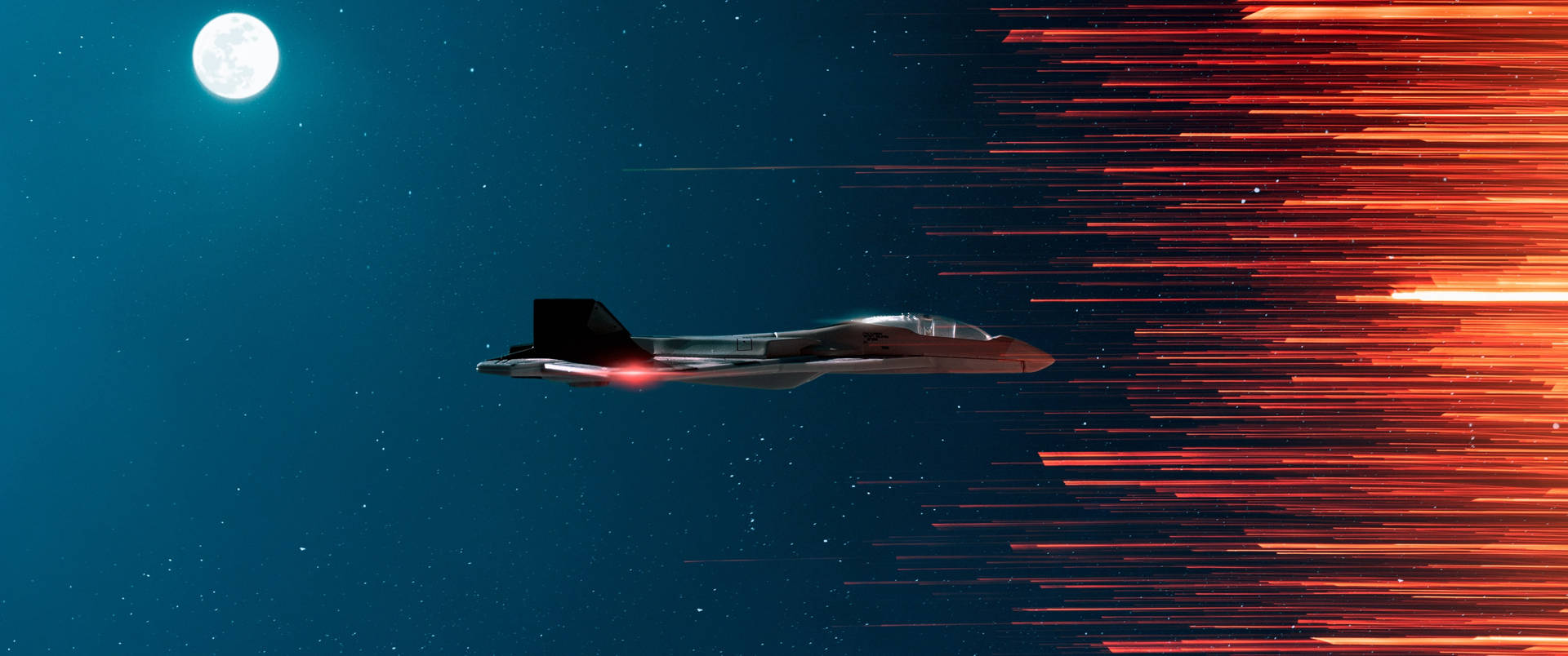 戰鬥機在星空夜晚快速飛行，帶有紅色尾跡和滿月