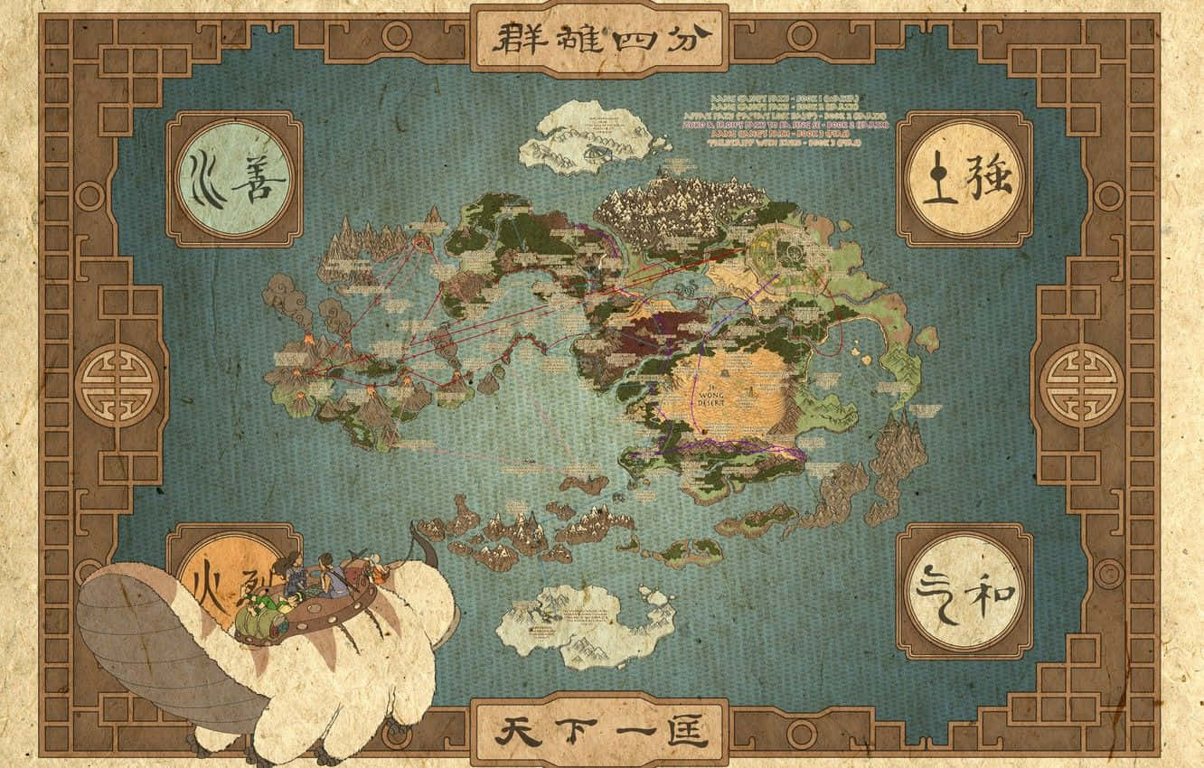 一張詳細的奇幻地圖，顯示四個國度和一隻載著旅人的飛天野牛。