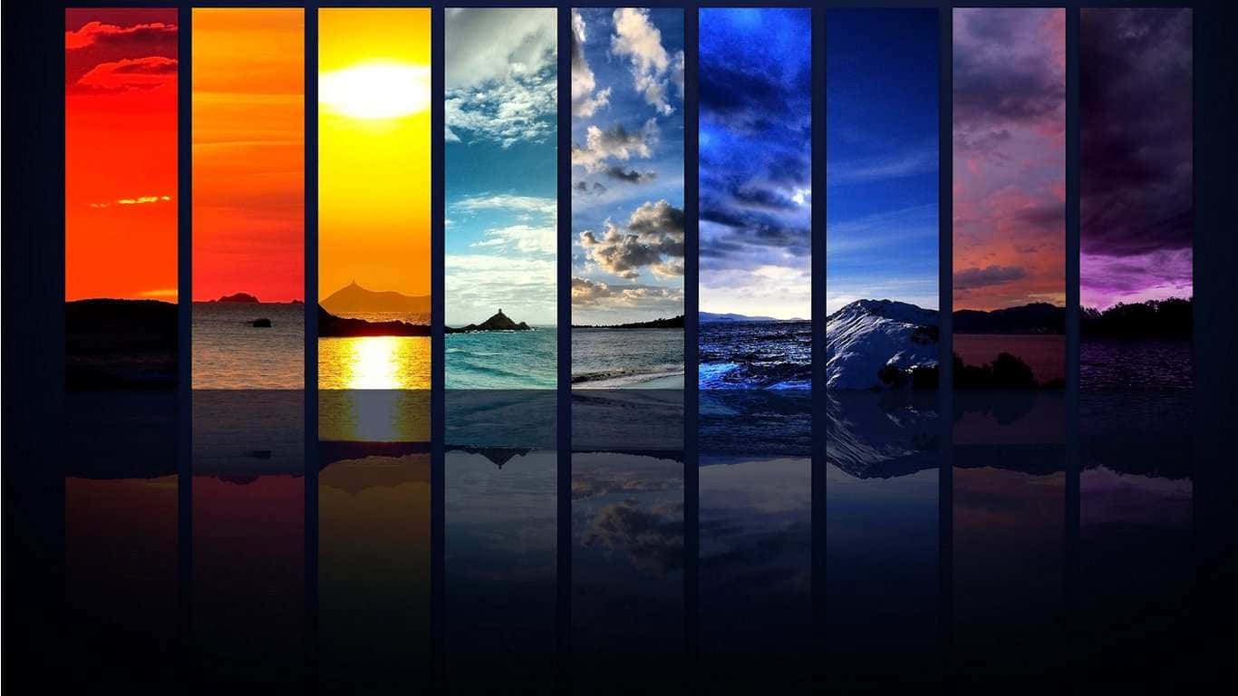 天空天氣光譜 1366x768 監視器背景 壁紙 — 橫跨七個垂直面板的鮮豔日落漸變，展示從火橙色到深紫色黃昏的海洋景觀。