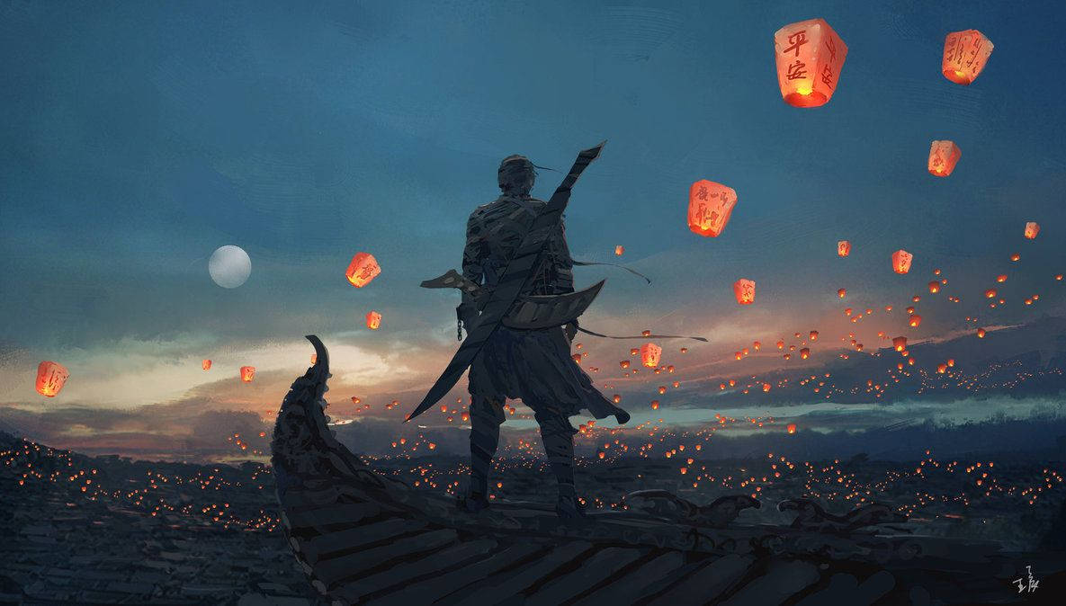 戰士在滿月下從船上釋放發光的燈籠。