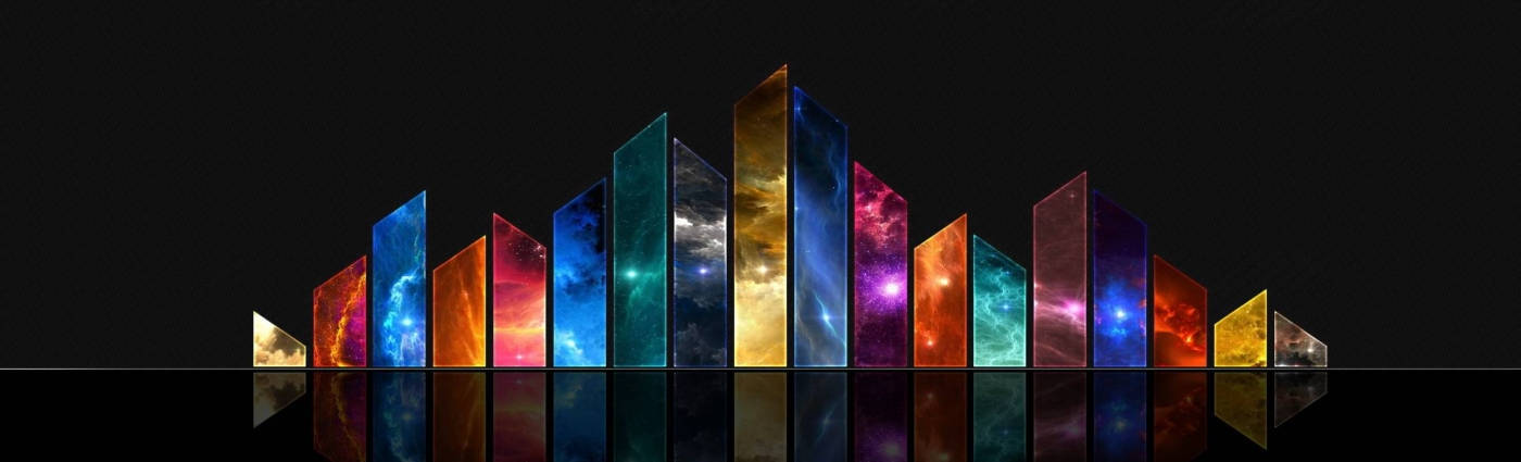 色彩繽紛的銀河面板在黑色表面上以波浪形排列，帶有倒影。