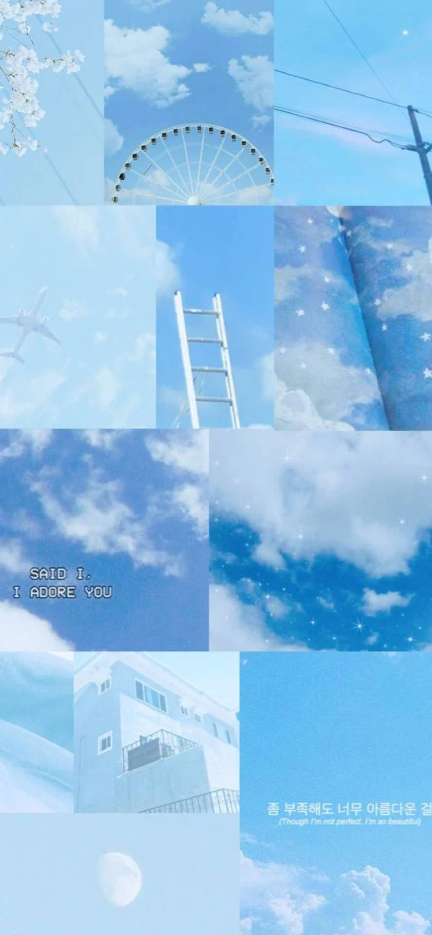 一幅柔和的藍色拼貼畫，包含天空場景、摩天輪、梯子、飛機、月亮和櫻花。