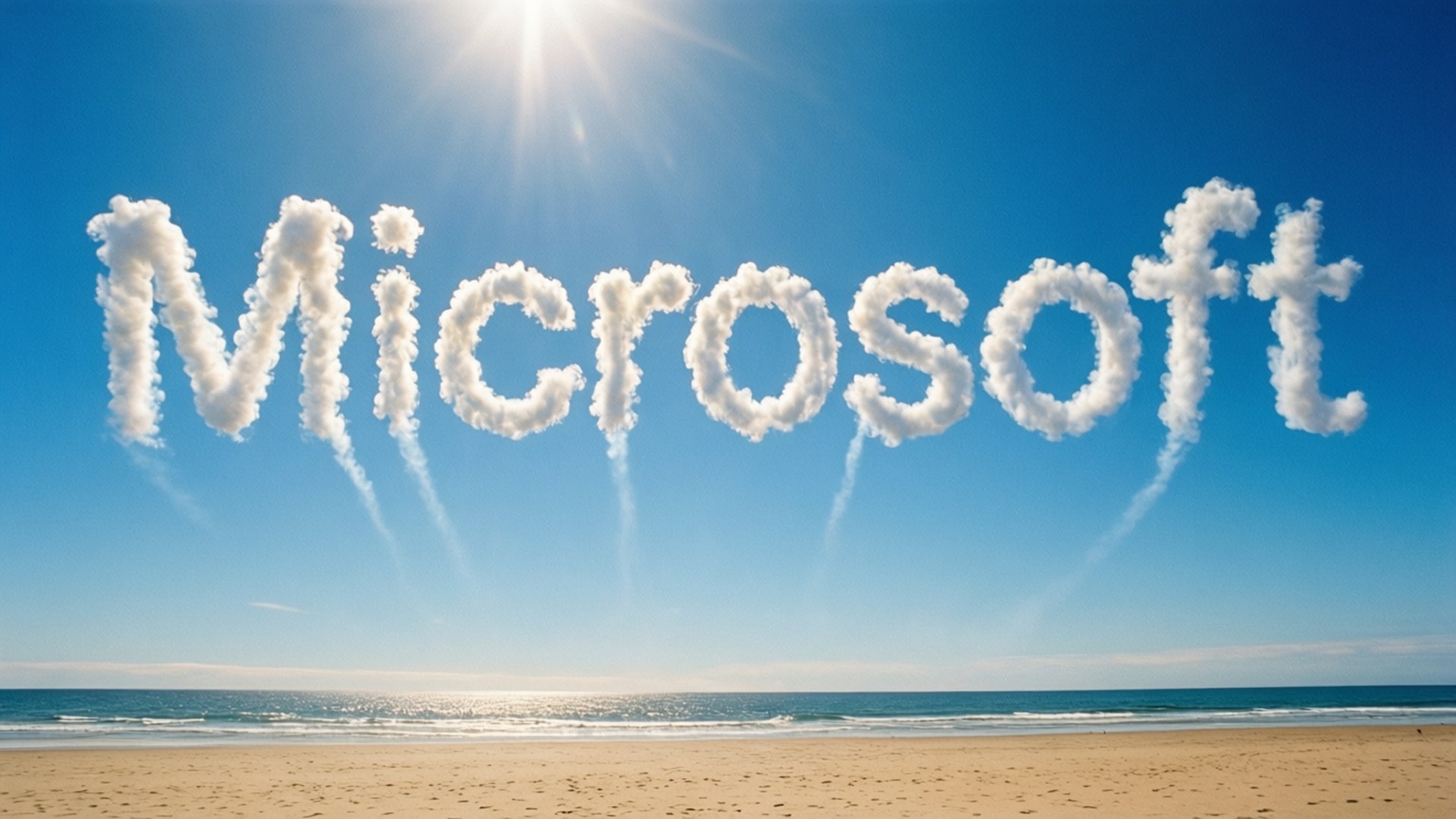 雲朵拼出 Microsoft 在陽光海灘上，有海洋和沙灘。