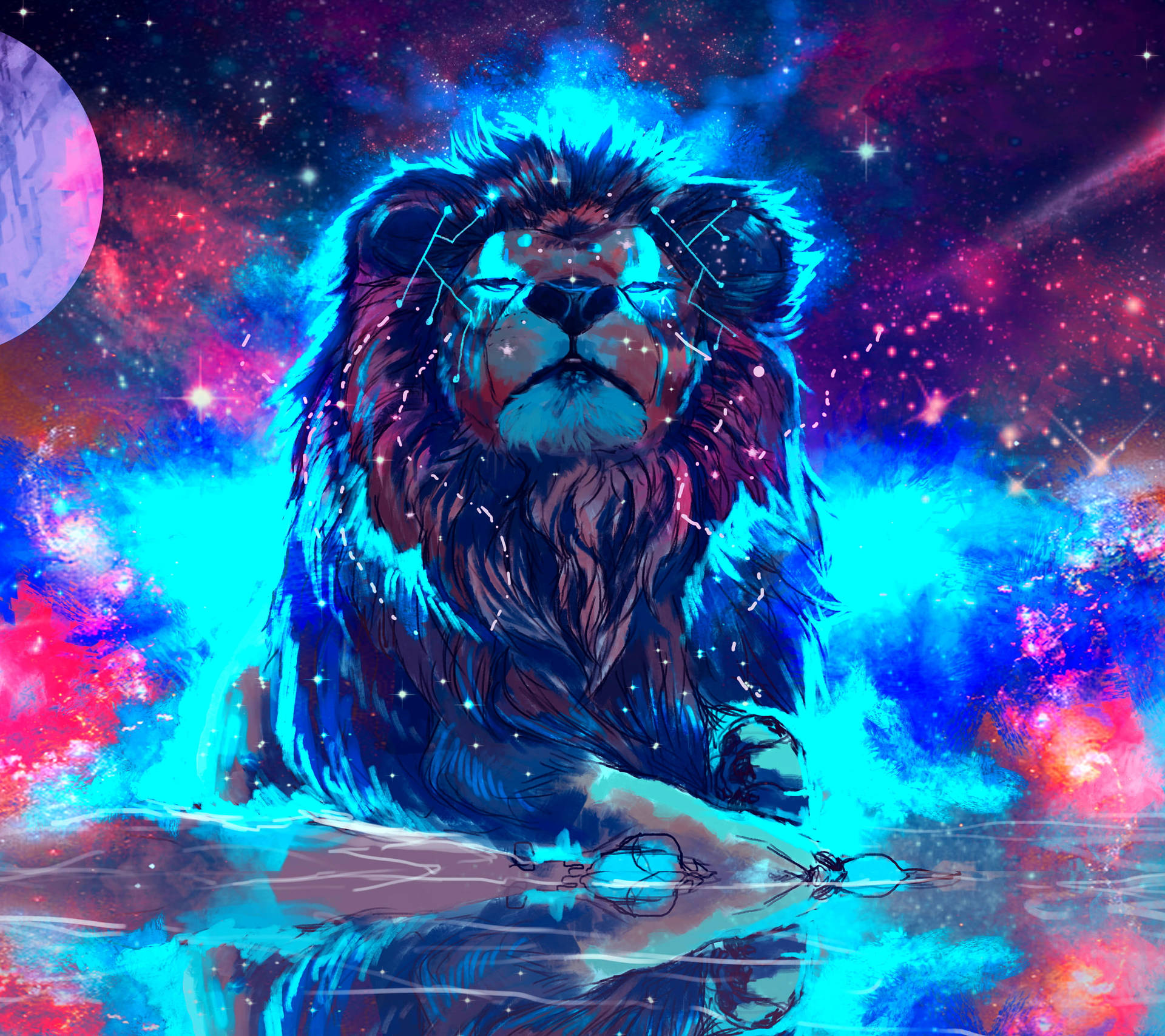 一頭臉上帶有星星圖案的獅子，坐在宇宙水域中，頭頂是色彩繽紛的星雲。