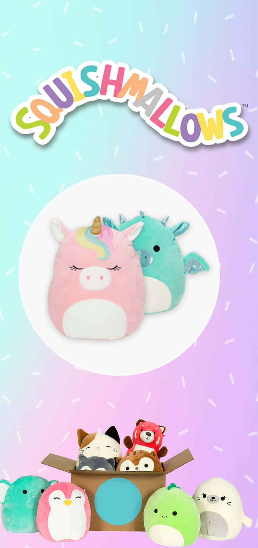 天空藍與紫色調Squishmallow肖像背景 壁紙 — 粉彩漸變背景，圓形框架內有色彩繽紛的Squishmallows毛絨玩具，包括粉紅色獨角獸和藍綠色龍。