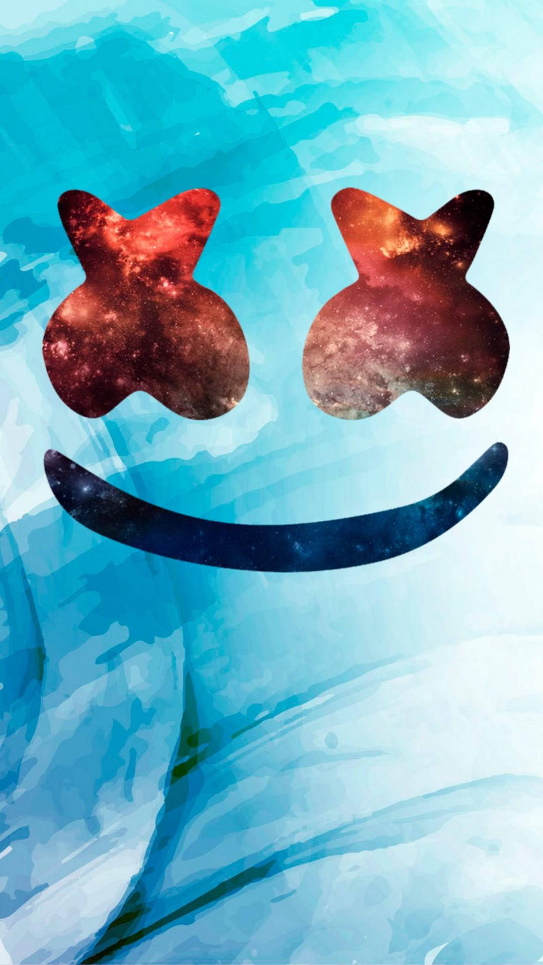 天空藍色Marshmello iPhone壁紙 壁紙 — 一個微笑的臉，帶有銀河眼睛和星形嘴巴，襯著水藍色背景。
