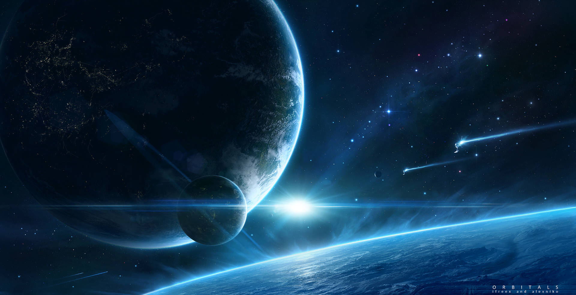 從太空看到的地球和月球，帶有發光的極光和流星。