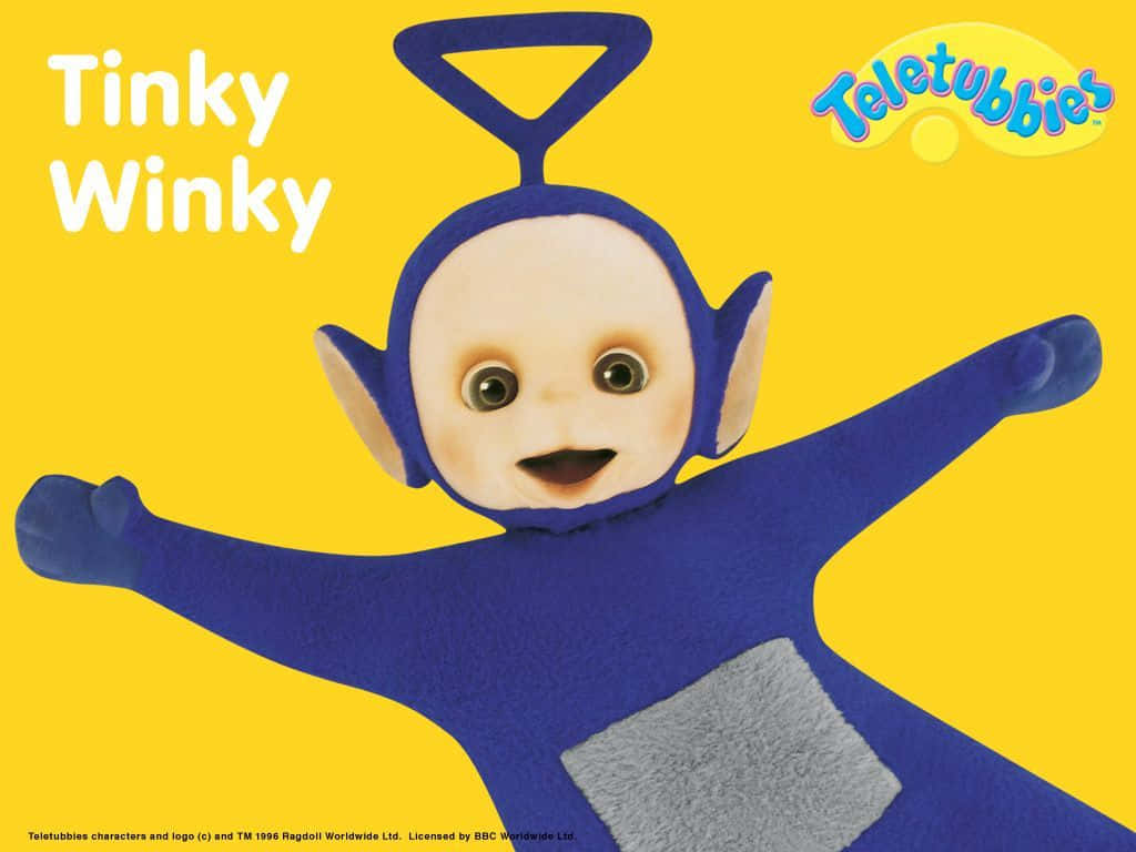 Pbs Kids 桌布 壁紙 — 天線得得B嘅Tinky Winky喺明亮黃色背景上開心咁笑，雙臂張開。