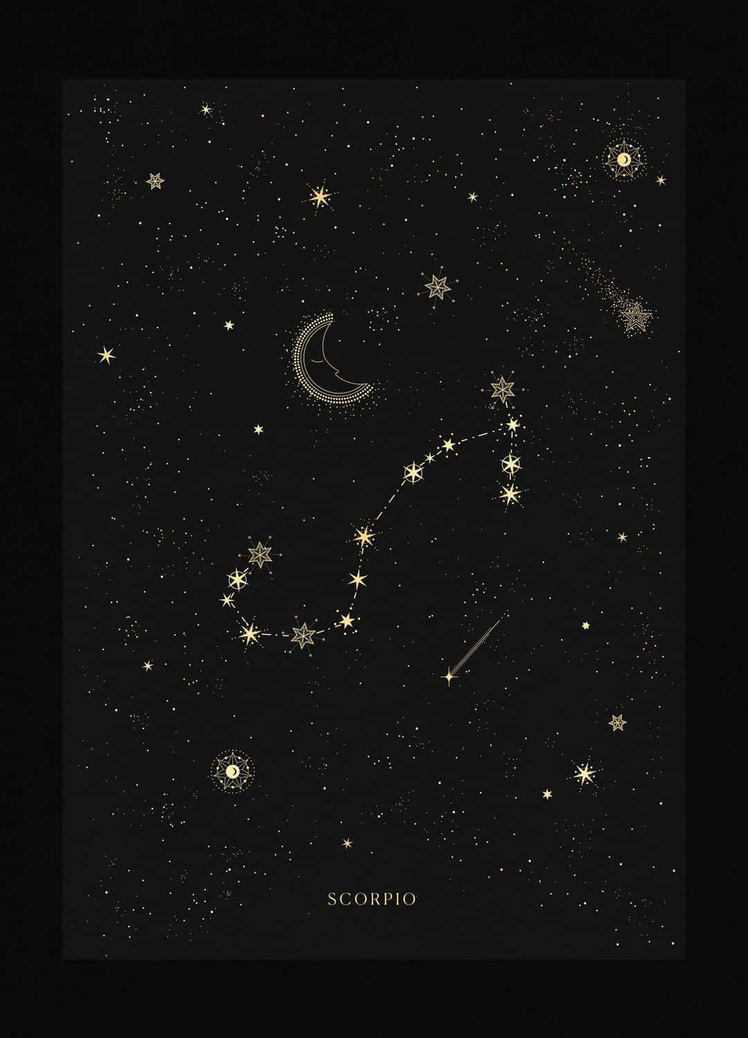 天蝎座星座星圖 iPhone 風格美學 壁紙 — 金色天蠍座星座圖，背景為黑色夜空，帶有新月和散落的星星。