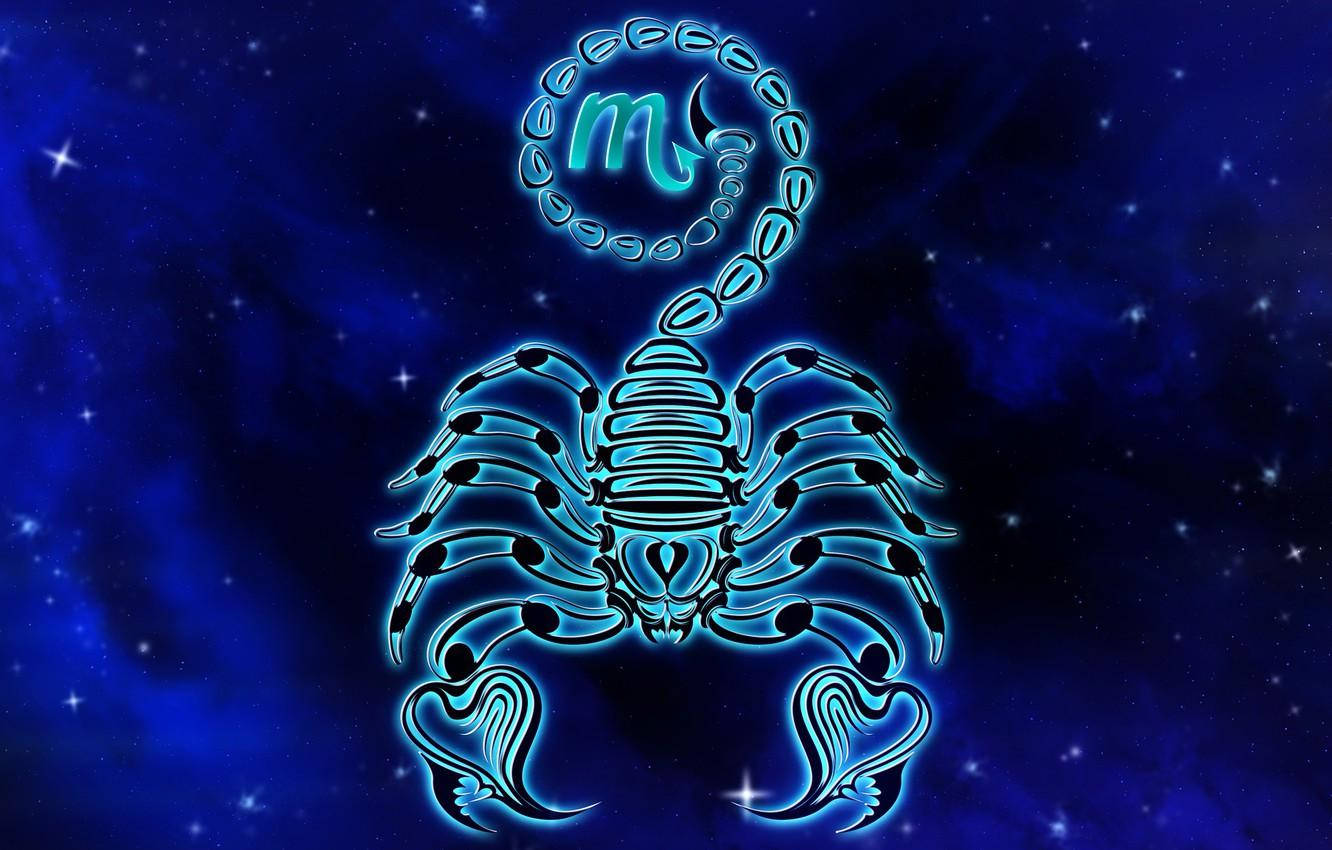 在繁星點點的夜空中發光的藍色天蠍座星座符號。