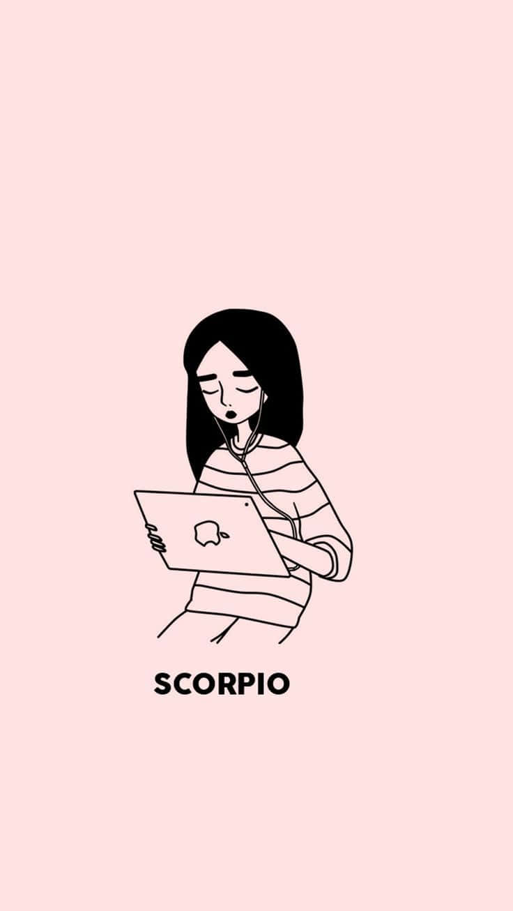 天蠍座 iPhone 女孩聽音樂 iPad 壁紙 — 一個女孩用聽診器聽她的筆記本電腦的極簡線條藝術插圖，背景是柔和的粉紅色。