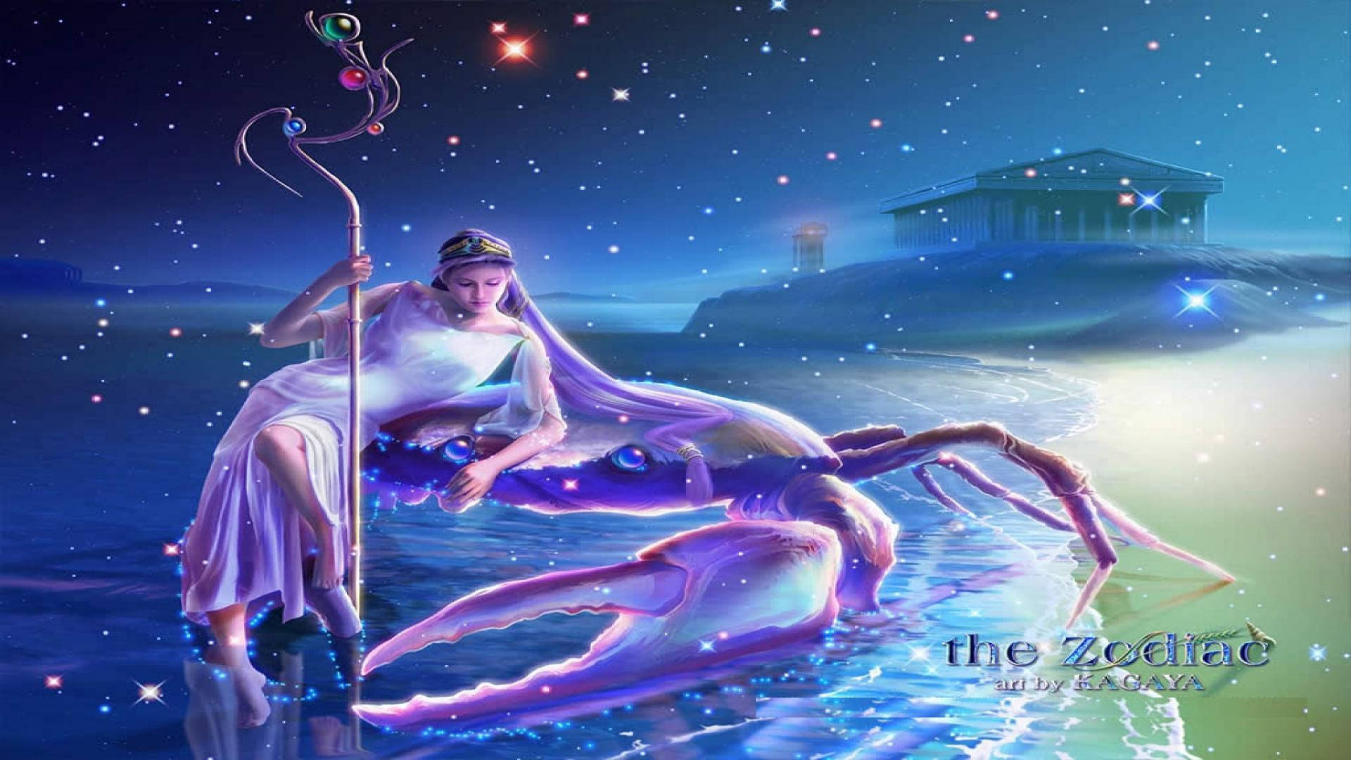 女神在星空下騎著發光的螃蟹，靠近一座寺廟。