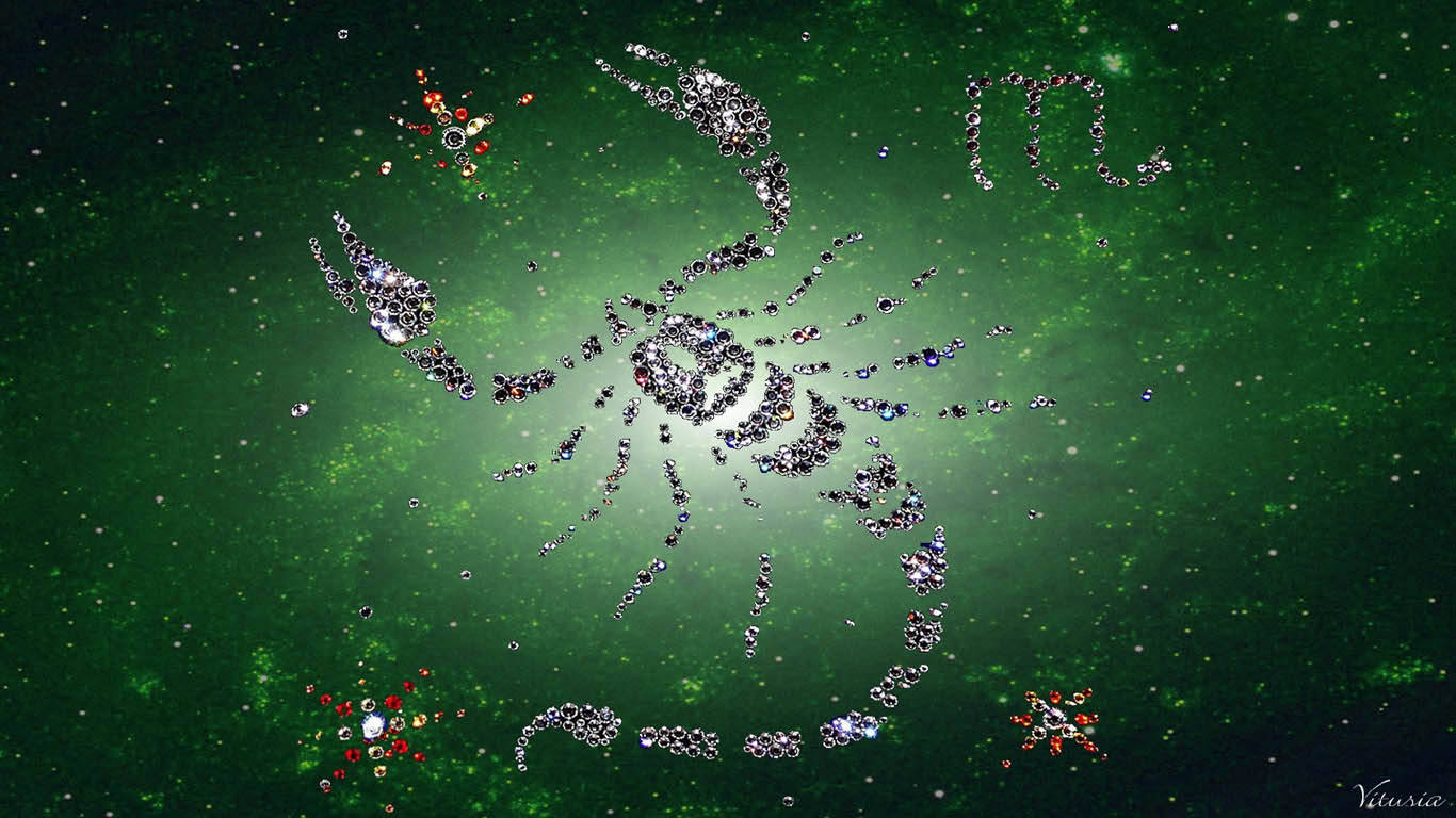 綠色星空中的寶石巨蟹座星座，帶有色彩繽紛的寶石簇。