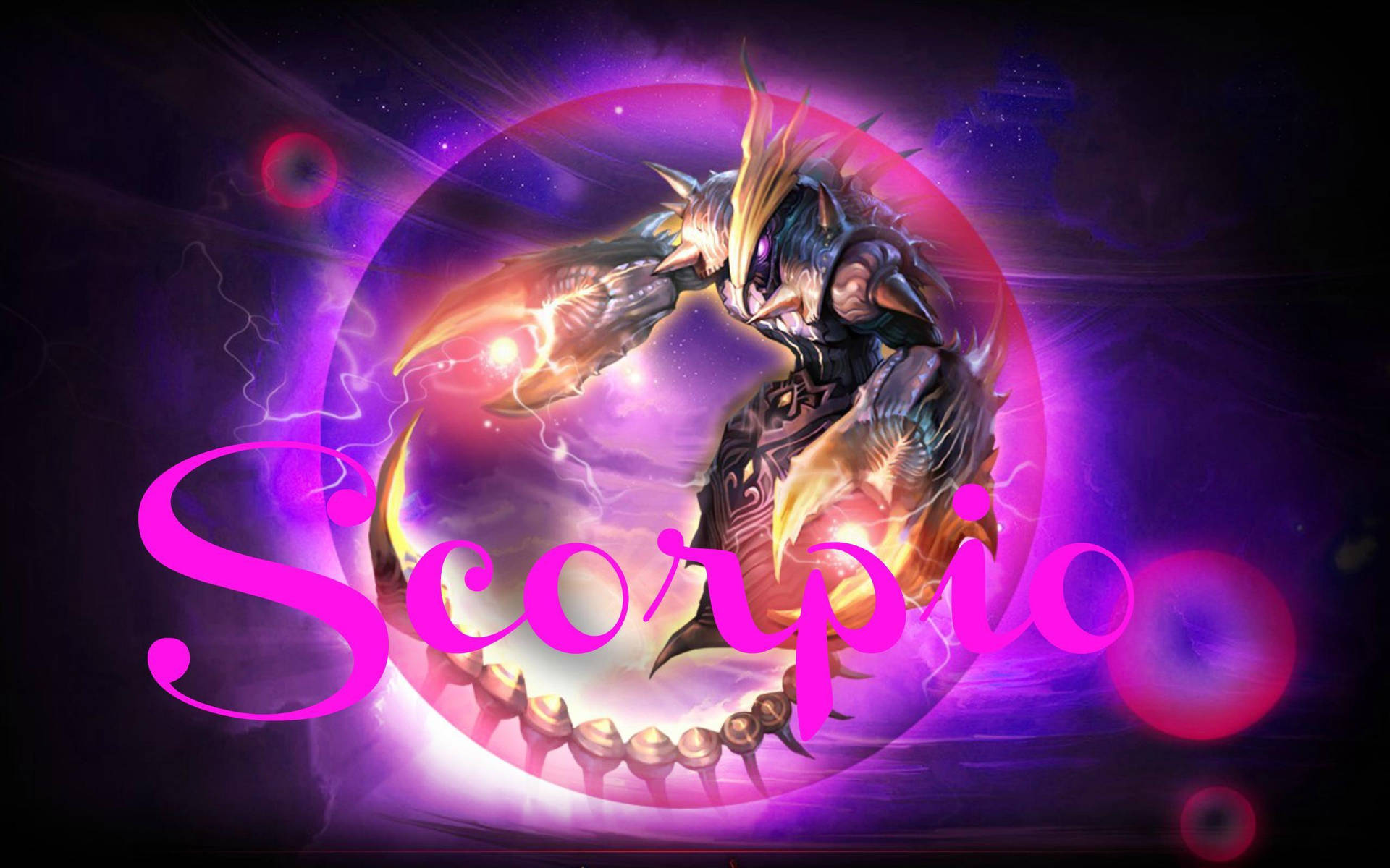 一個在宇宙紫色球體中發光的蠍子戰士，帶有粉紅色字體的 Scorpio 字樣。