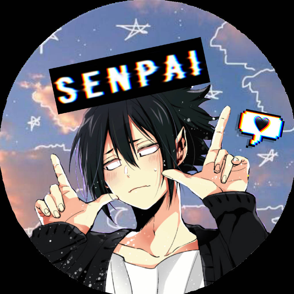 黑髮臉紅的動畫角色在星空下做出和平手勢，帶有「SENPAI」文字。