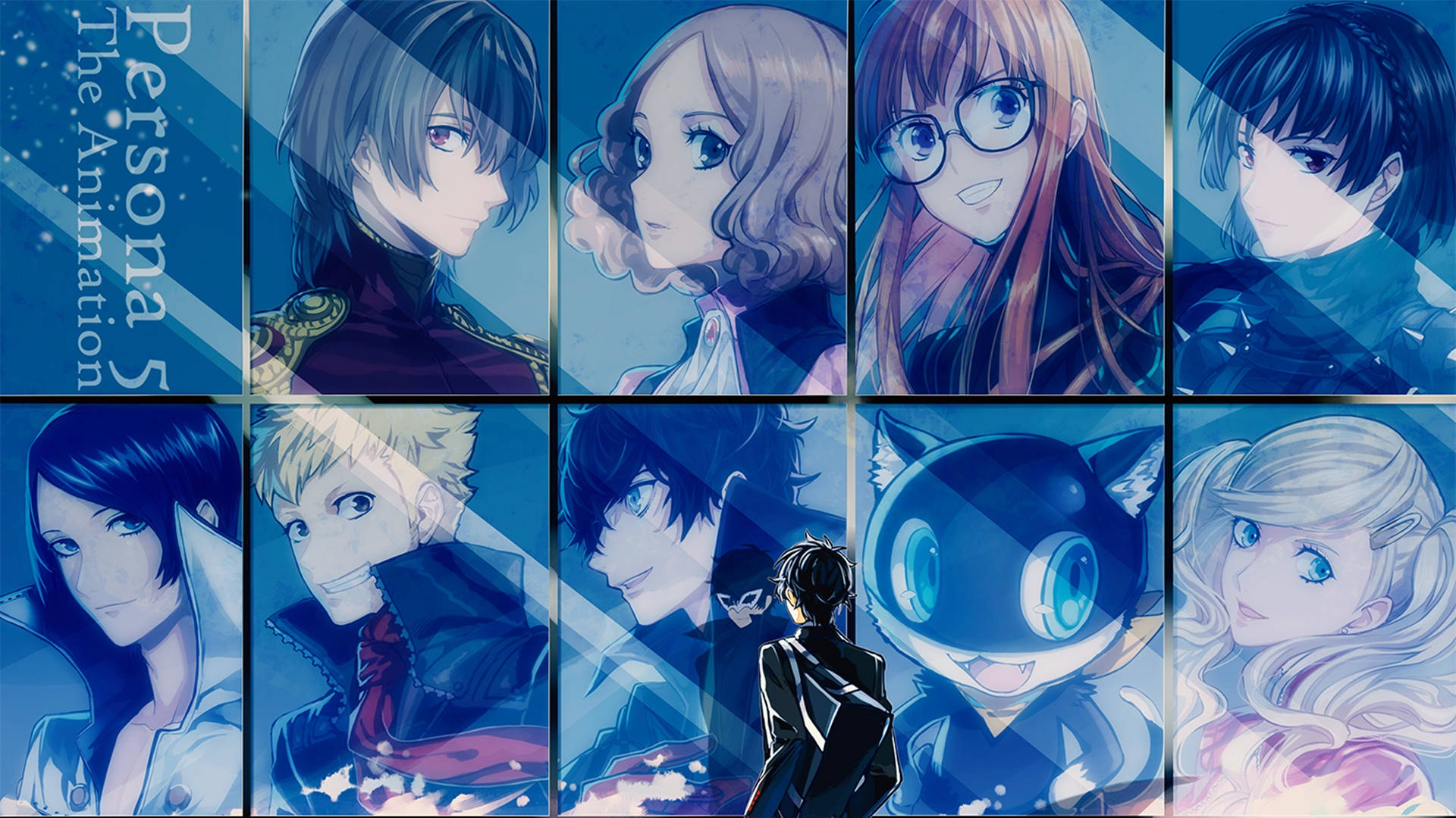 九個來自 Persona 5 的動畫角色，以藍色為主題的拼貼畫，帶有戲劇性的燈光。