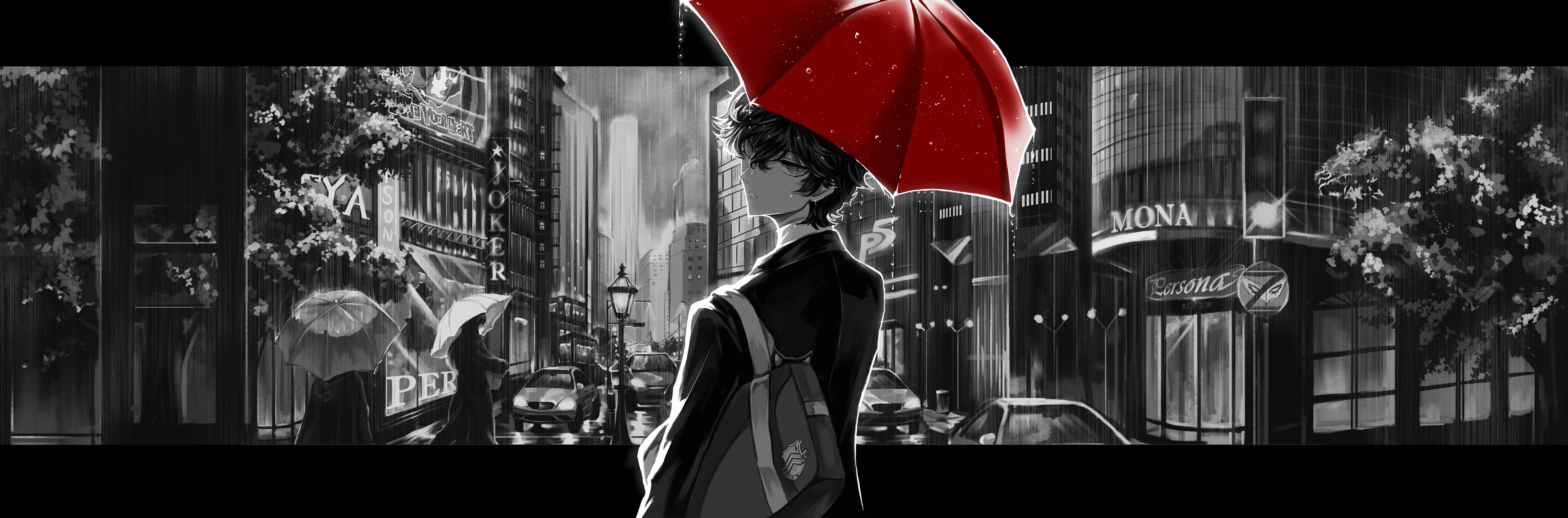 撐著紅色雨傘的人走在雨中的城市街道，有商店櫥窗